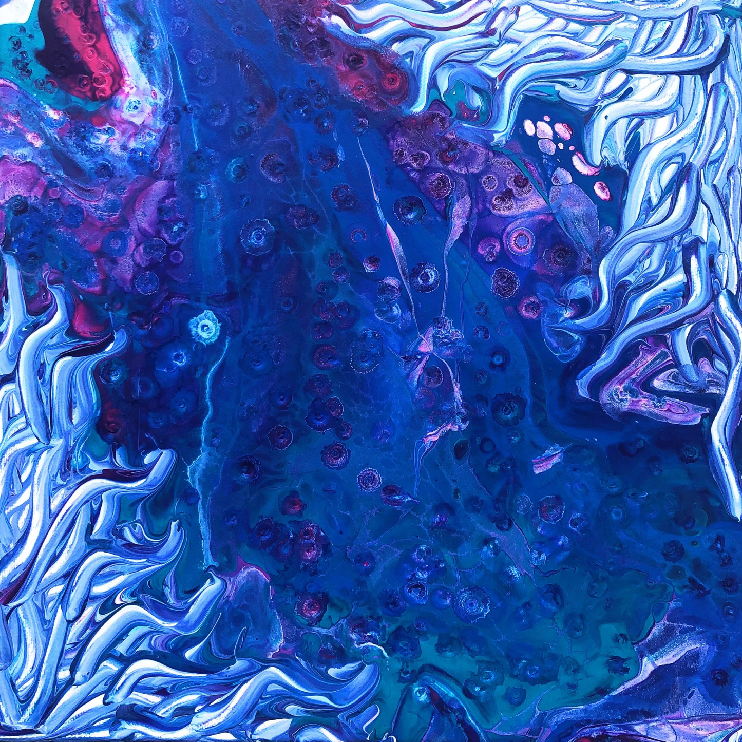 Abstract composition with purple, pink, gold, and blue organic shapes resembling underwater corals or anemones with intricate cell patterns.