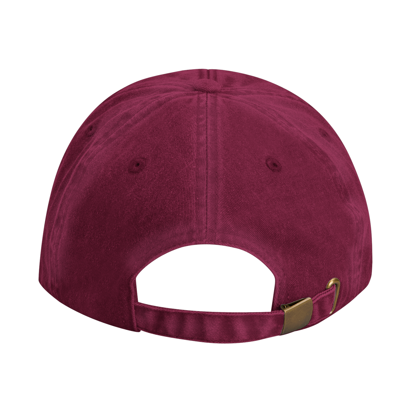 Burgundy-colored vintage cotton cap with adjustable strap and brass-effect buckle, designed with stitched ventilation eyelets.