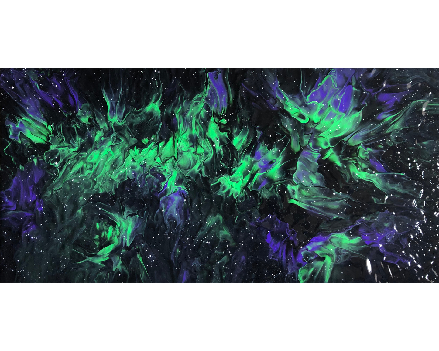 Abstract painting inspired by the northern lights, featuring flowing green and violet forms against a dark, star-like background, evoking auroral movement and cosmic energy.