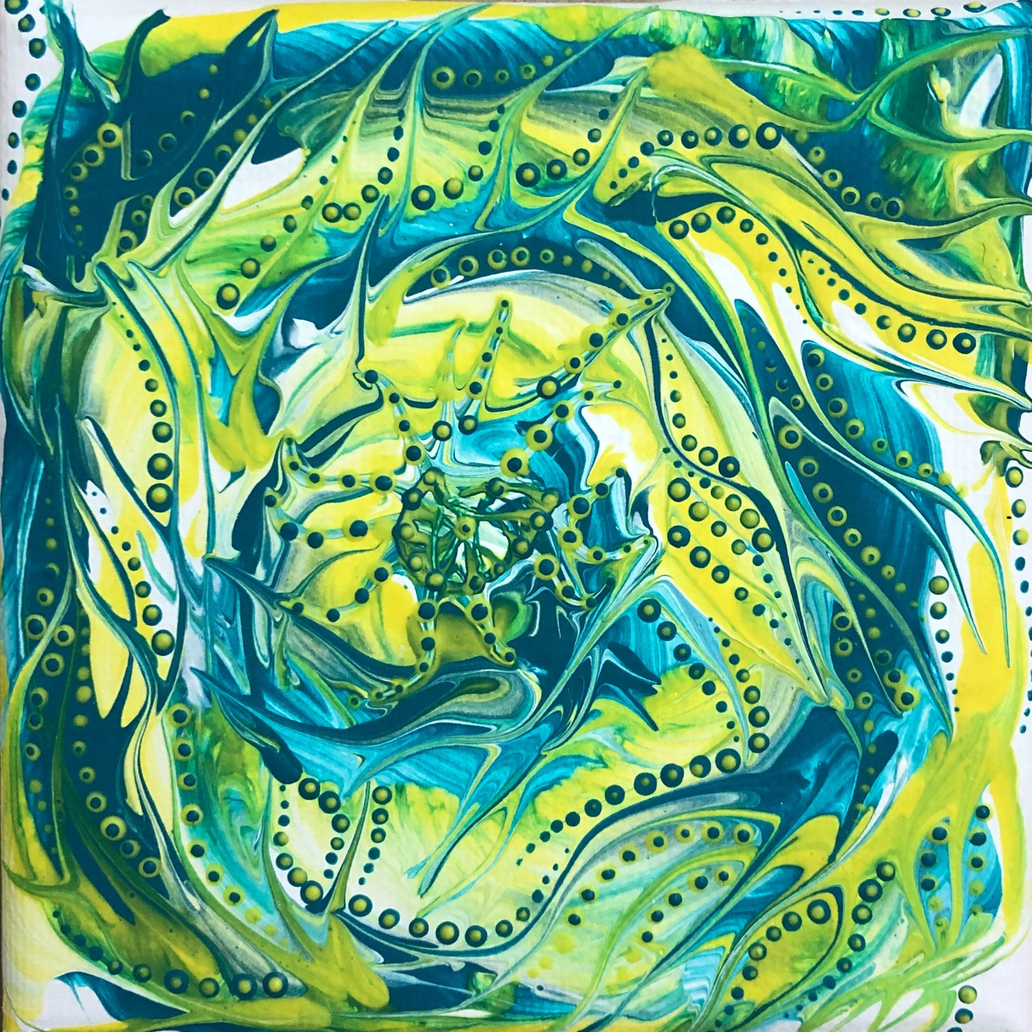 Abstract painting with flowing green, yellow, and blue forms resembling underwater seaweed, featuring layered organic shapes and dotted details that suggest movement in a marine environment.