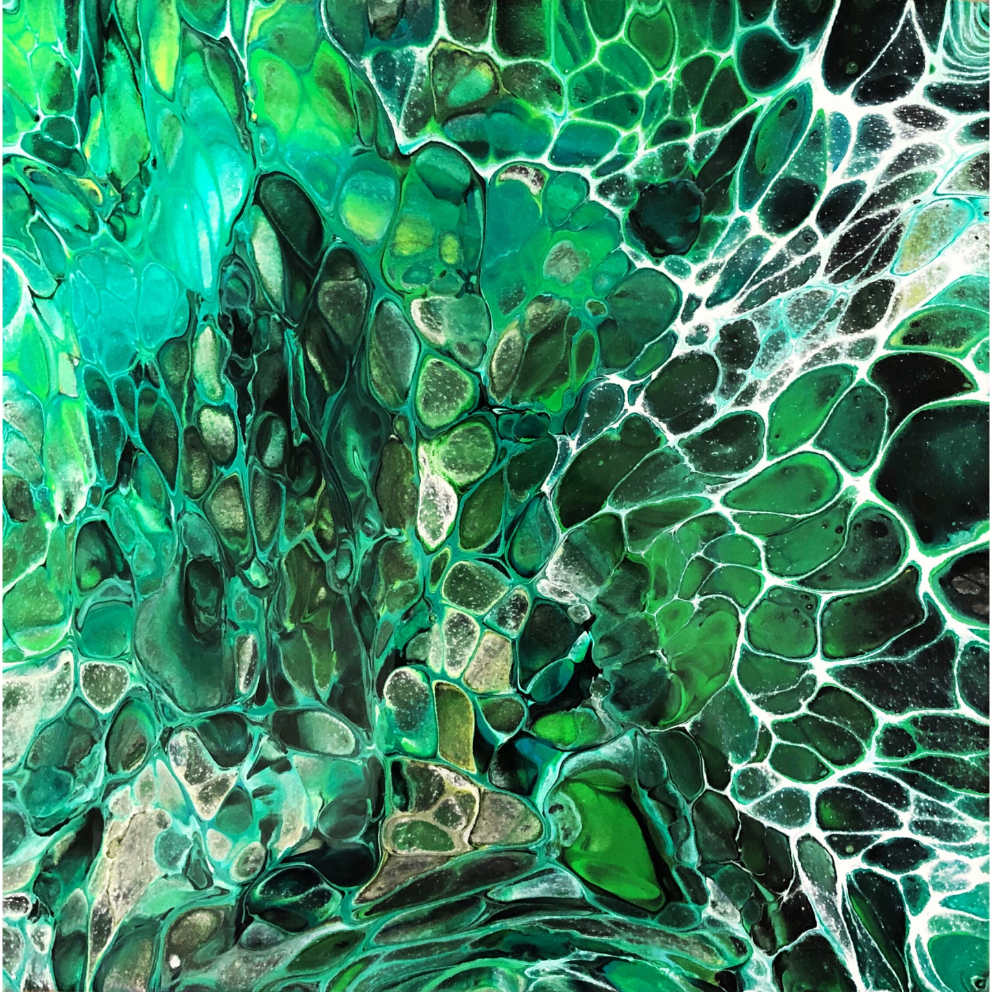 Abstract painting composed of interlocking green shapes and fluid cellular patterns, resembling snake scales or reptilian skin, with layered textures and organic variations in tone.