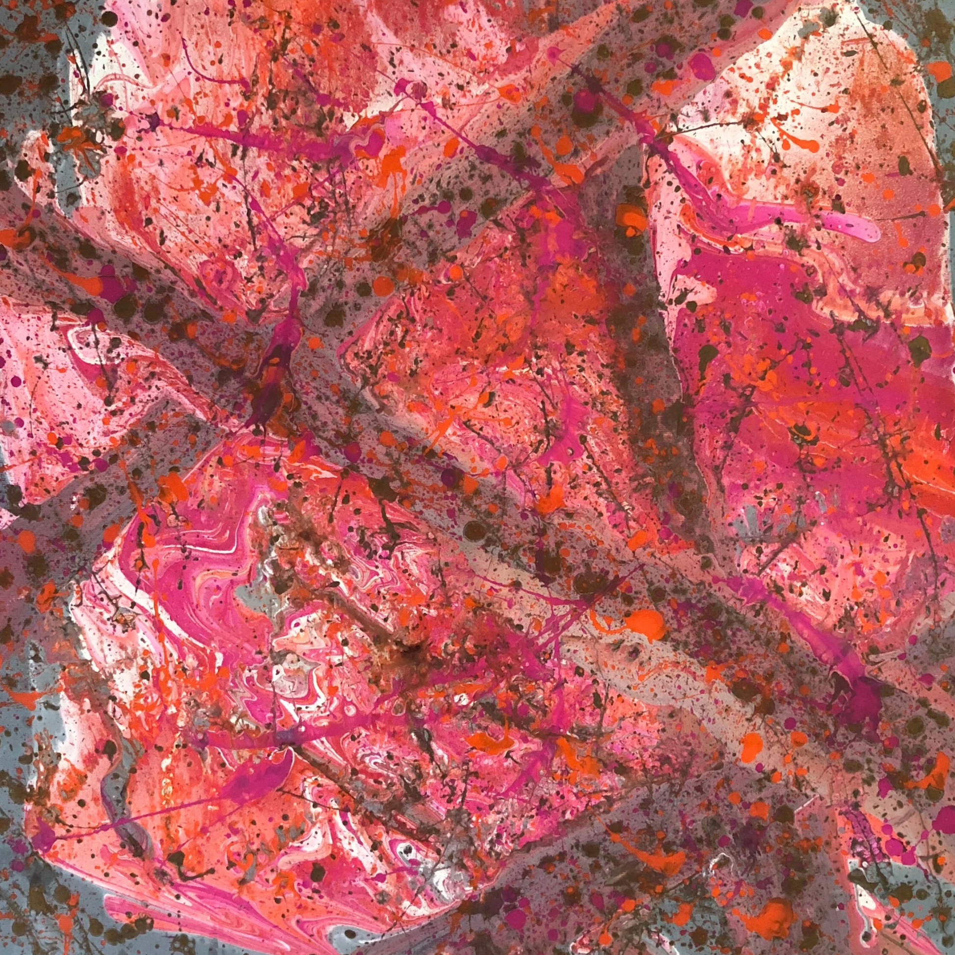 Abstract expressive painting in pink, orange, and brown tones with splattered textures and layered swirling movement.