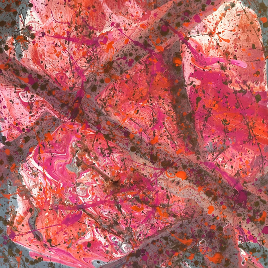Abstract expressive painting in pink, orange, and brown tones with splattered textures and layered swirling movement.