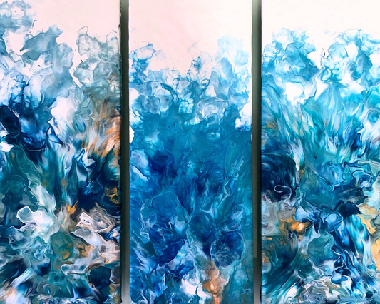 Abstract triptych with flowing blue, teal, and golden tones creating a water-like, cloud-like movement across three vertical panels.