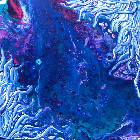 Abstract composition with purple, pink, gold, and blue organic shapes resembling underwater corals or anemones with intricate cell patterns.