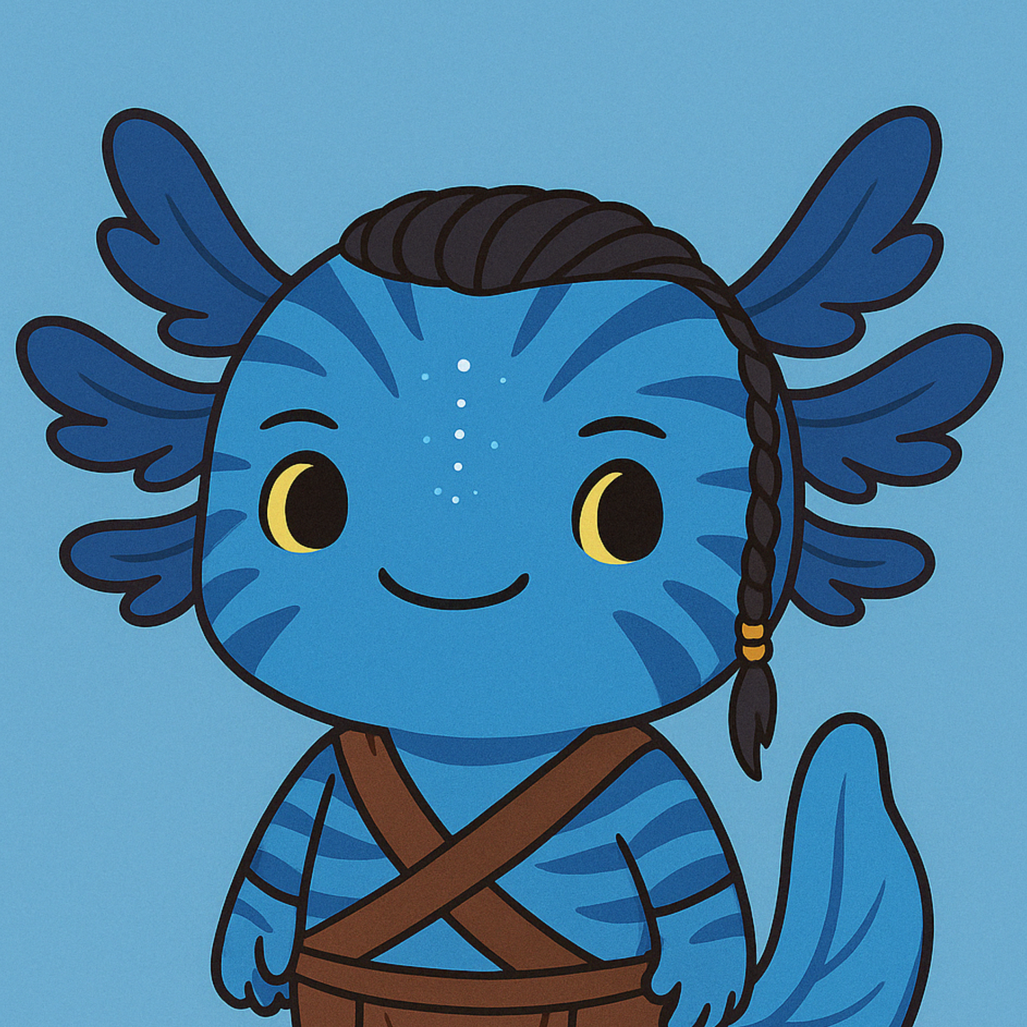 Blue axolotl character illustration with braided hair and a calm, friendly expression.