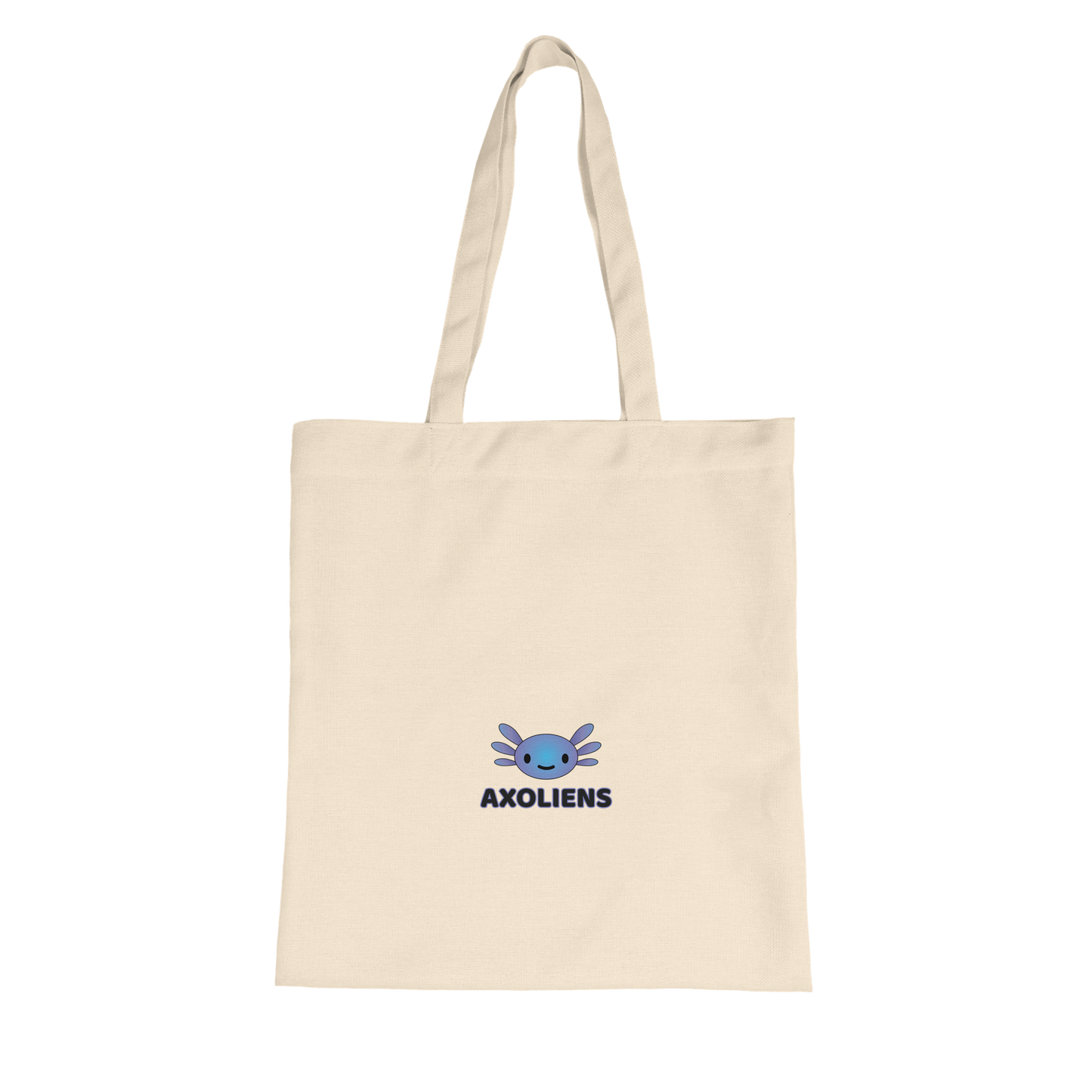 Back side of a beige tote bag with a small blue axolotl logo and the word ‘Axoliens’ centered on the front.