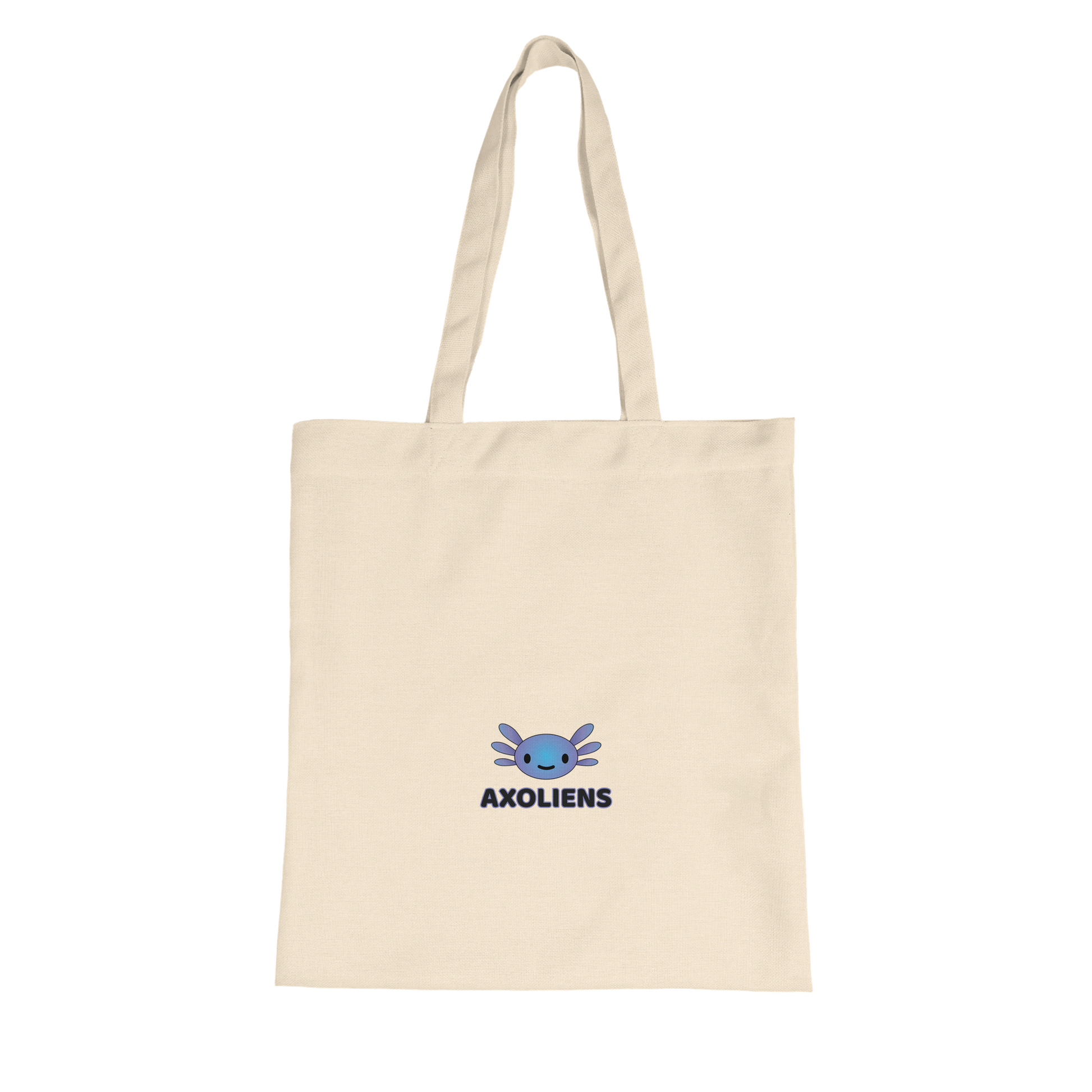 Back side of a beige tote bag with a small blue axolotl logo and the word ‘Axoliens’ centered on the front.