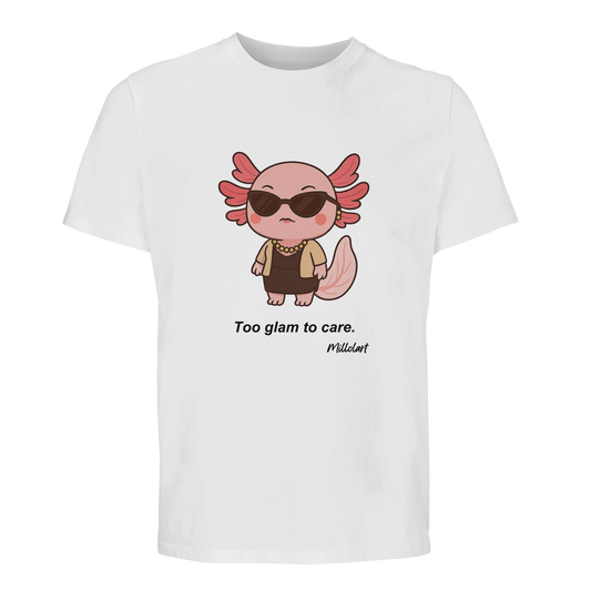 White unisex t-shirt featuring a pink axolotl character wearing sunglasses and jewelry, with the text ‘Too glam to care.’ printed below.