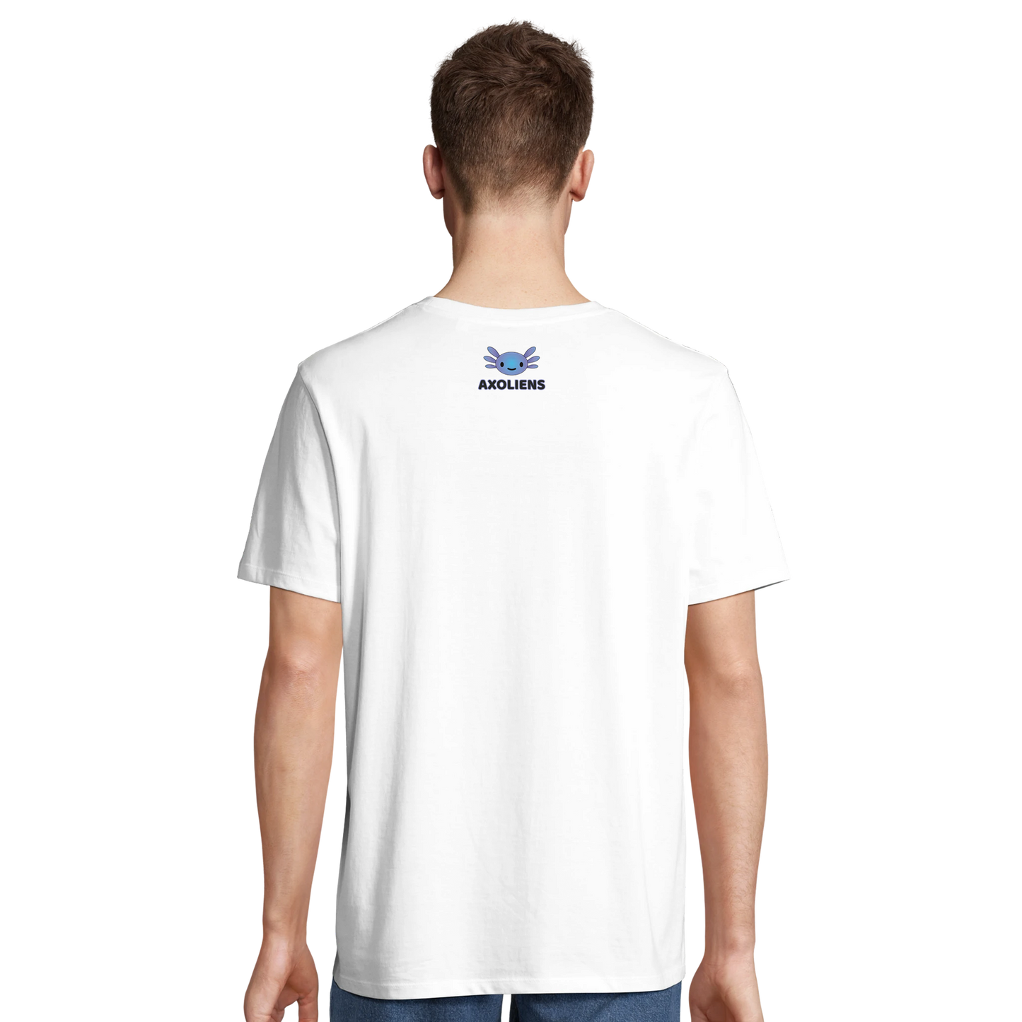Back view of a white unisex t-shirt with the Axoliens logo printed below the neckline.