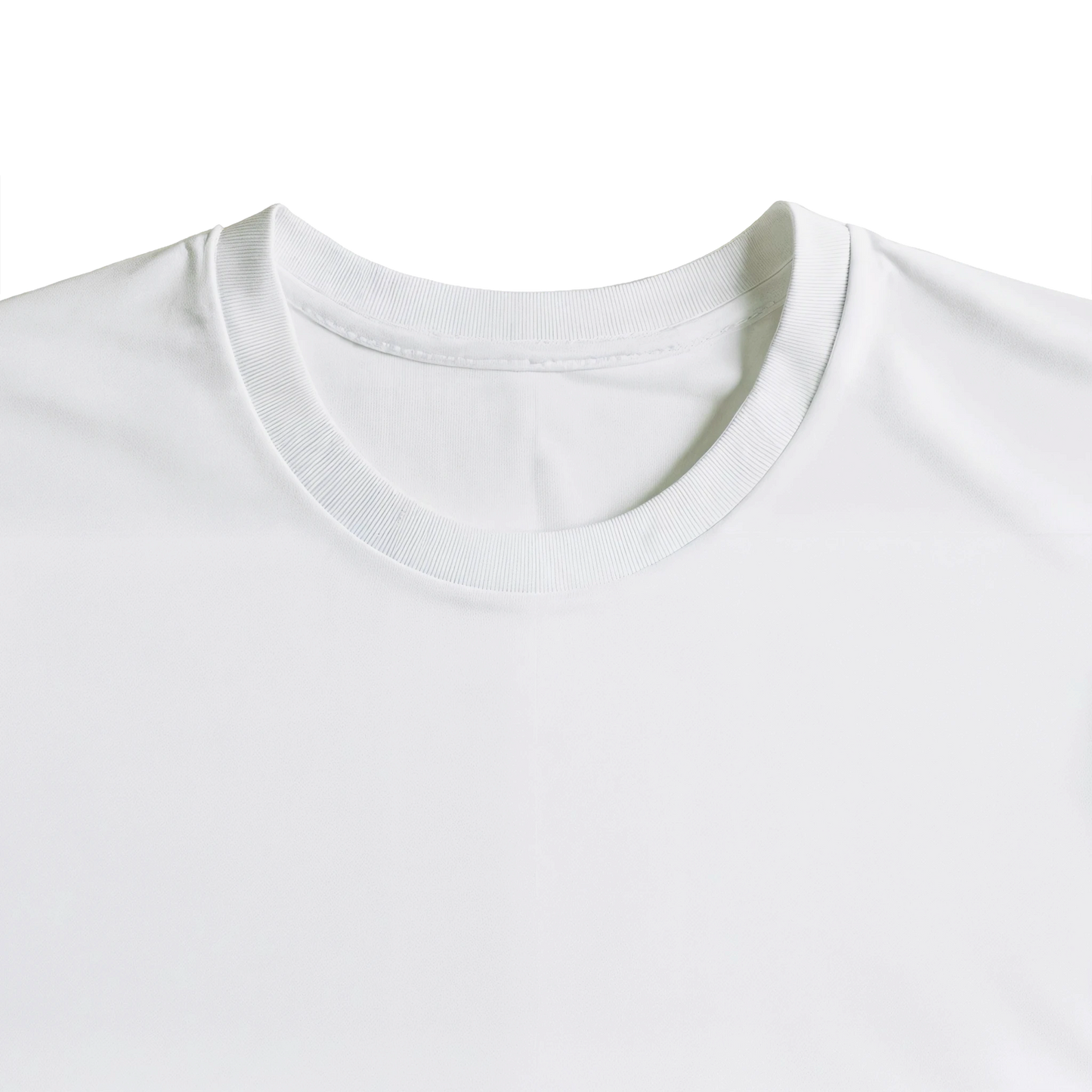 Close-up of the ribbed collar and stitching of a white organic cotton t-shirt.