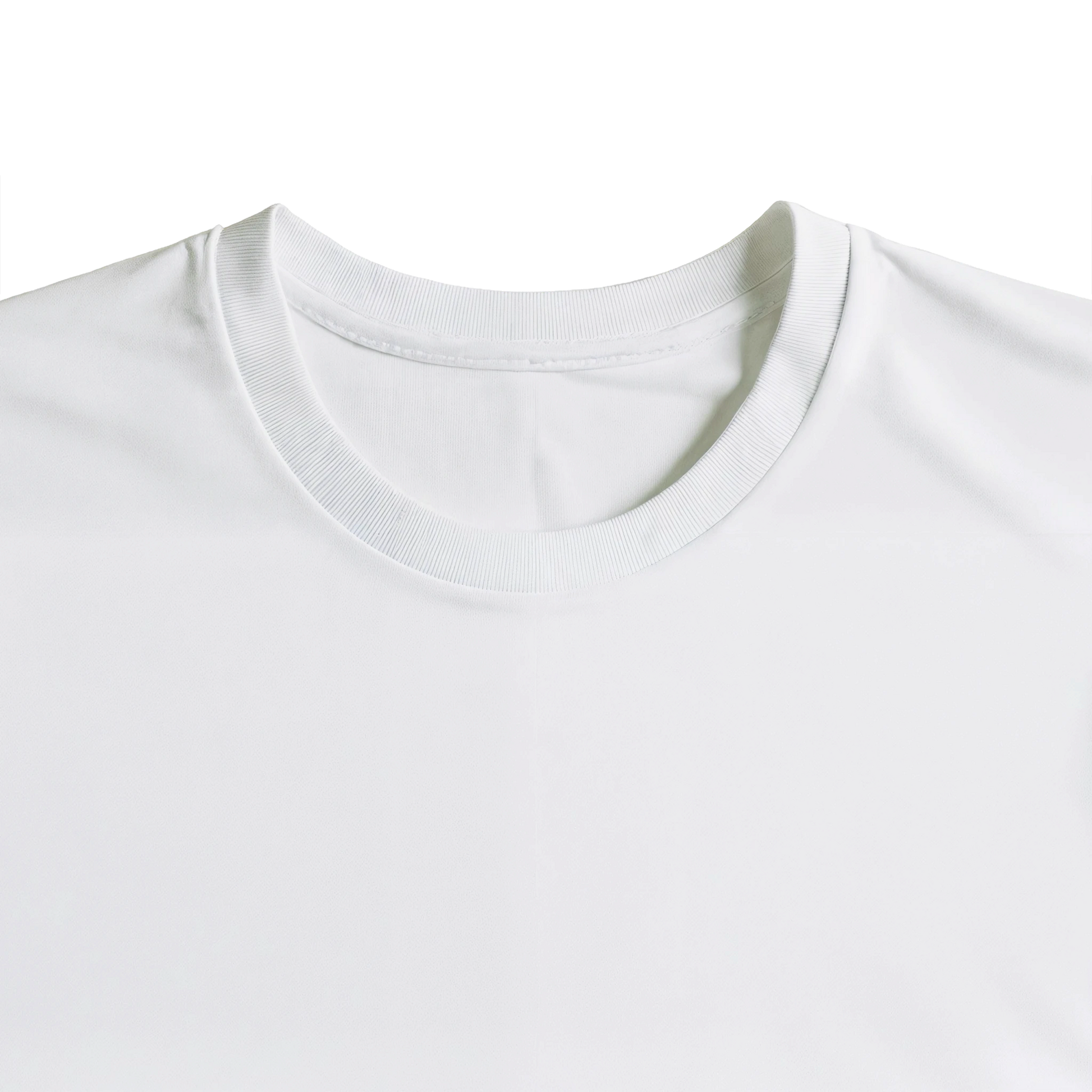 Close-up of the ribbed collar and stitching of a white organic cotton t-shirt.