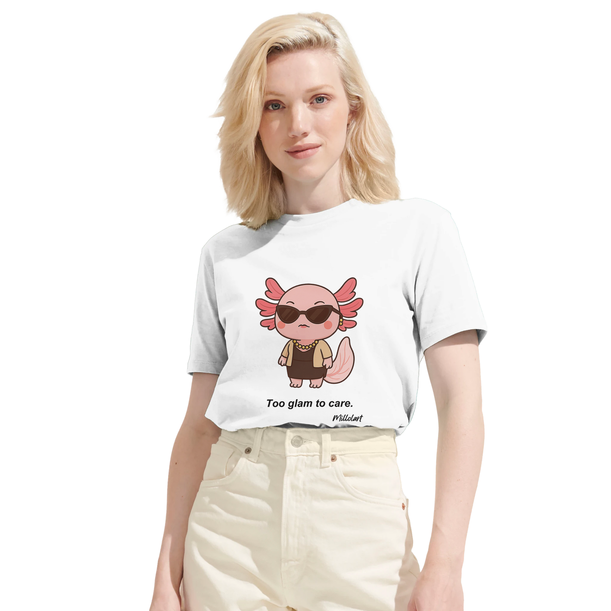 Woman wearing a white t-shirt featuring a stylish pink axolotl character and the phrase ‘Too glam to care.’ on the front.
