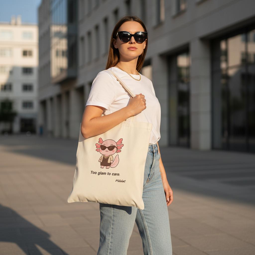 Woman walking in a modern city street wearing sunglasses and carrying a beige tote bag featuring a stylish pink axolotl character with the text ‘Too glam to care.