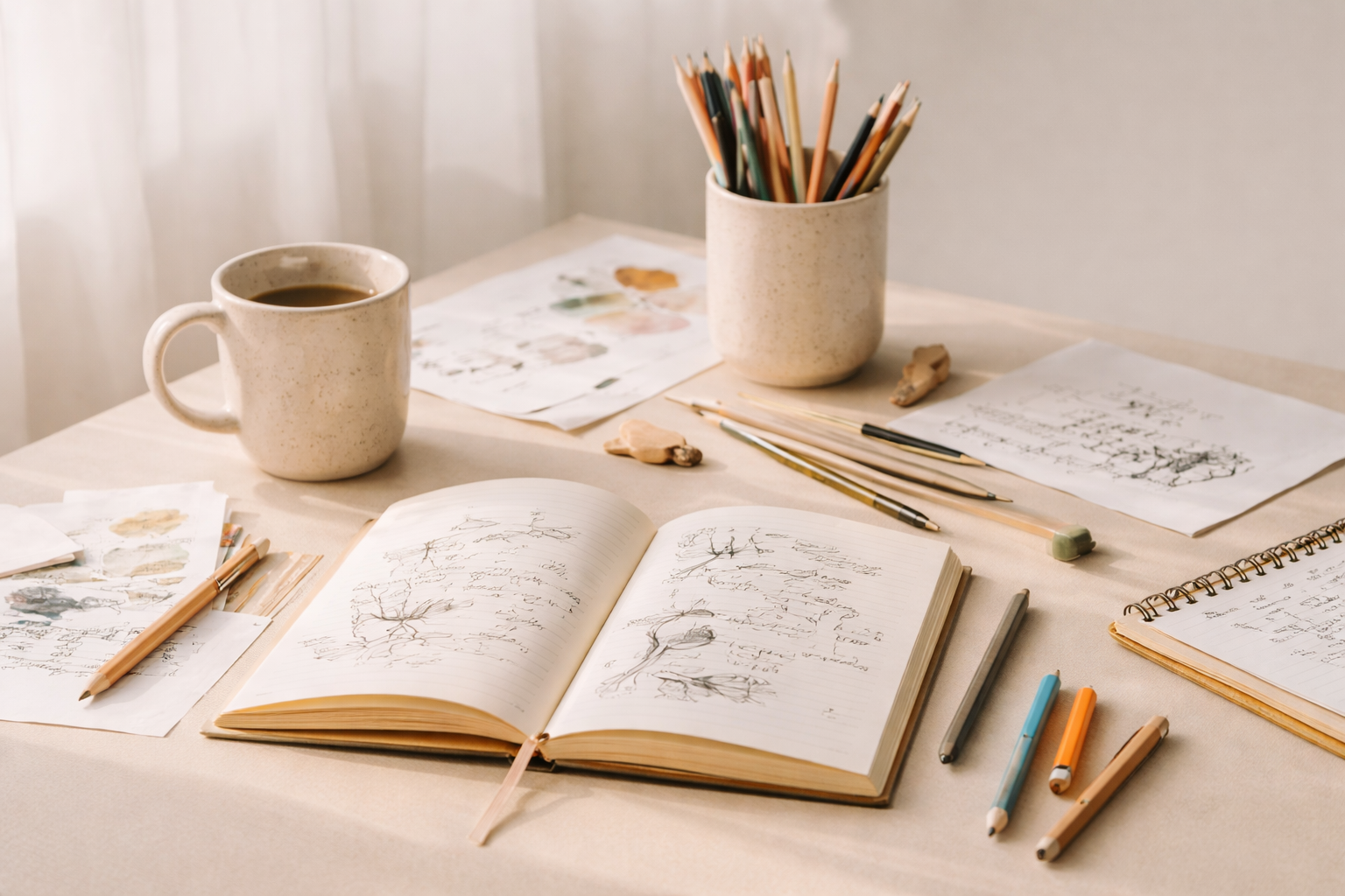 Creative publishing workspace with sketchbook, colored pencils and notebooks representing independent creative guides and publications by Millolart.