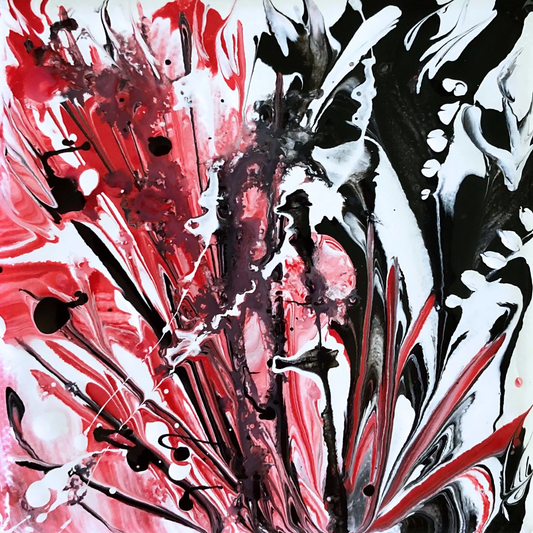 Abstract art with bold red, black, and white fluid strokes and splatters, creating a chaotic, high-energy composition.