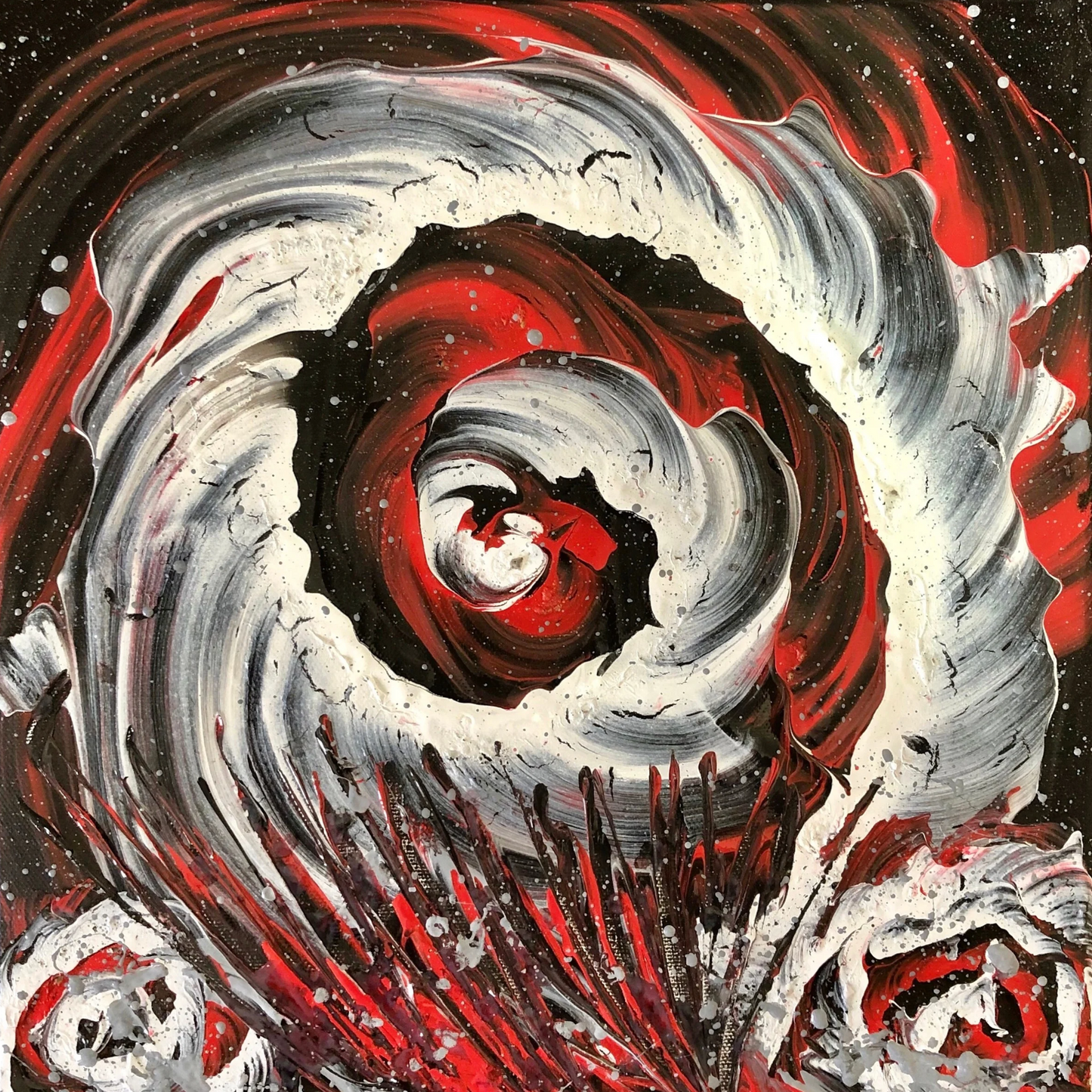 Abstract painting featuring a dramatic red, black, and white spiral with textured brushstrokes and explosive dynamic energy.