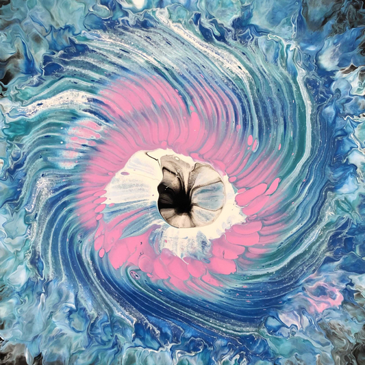 Abstract fluid painting depicting a vibrant eye, with swirling blue, teal, and pink layers radiating from a black-and-white pupil at the center.