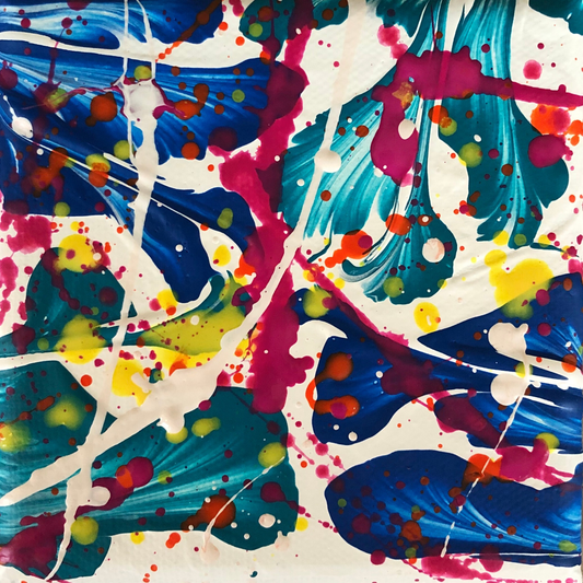 Flowers and Spots, abstract artwork featuring blue and turquoise shapes resembling flowers, with vibrant splashes of pink, yellow, and orange.
