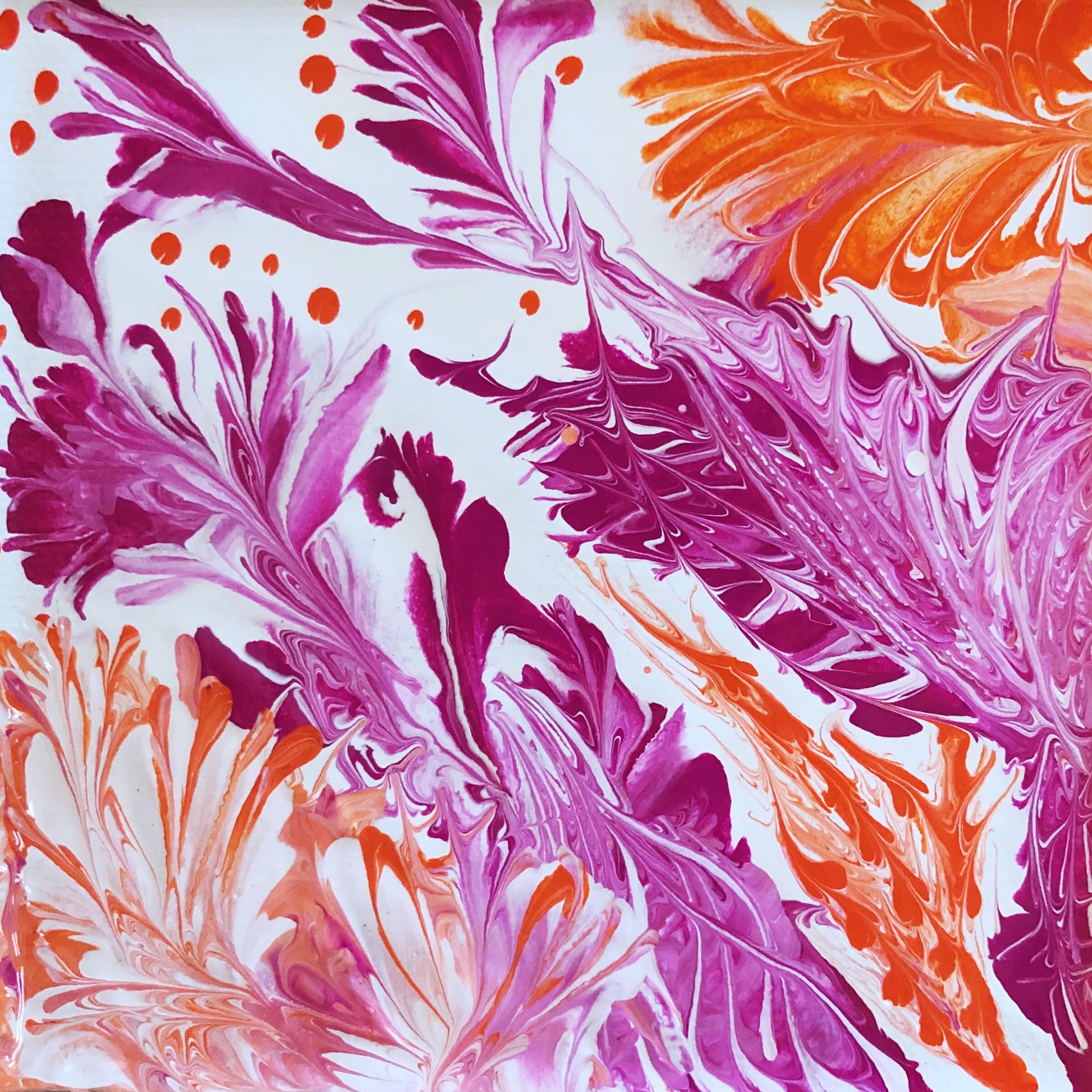 Abstract acrylic artwork with flowing magenta, pink, and orange feather-like shapes on a white background, creating a vibrant organic movement.