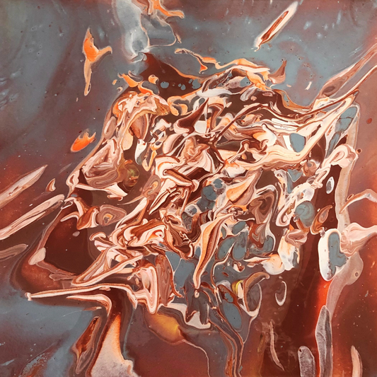 Abstract acrylic painting with swirling copper, rust, and teal tones, featuring dynamic fluid textures and organic movement.