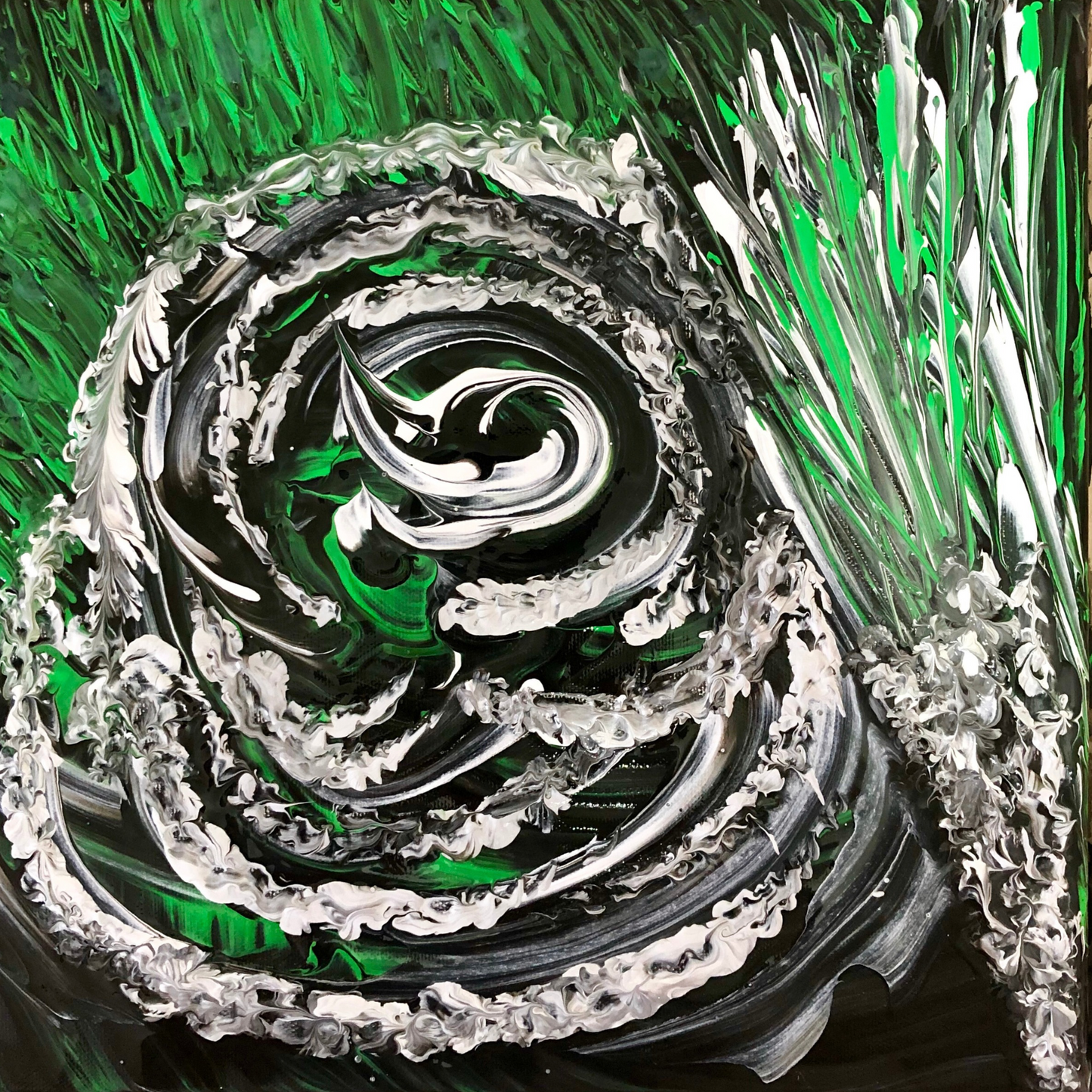 Abstract painting featuring a dark, spiral-like form resembling a rose, composed of layered black, white, and deep green brushstrokes, with textured circular movements set against a vivid green background.