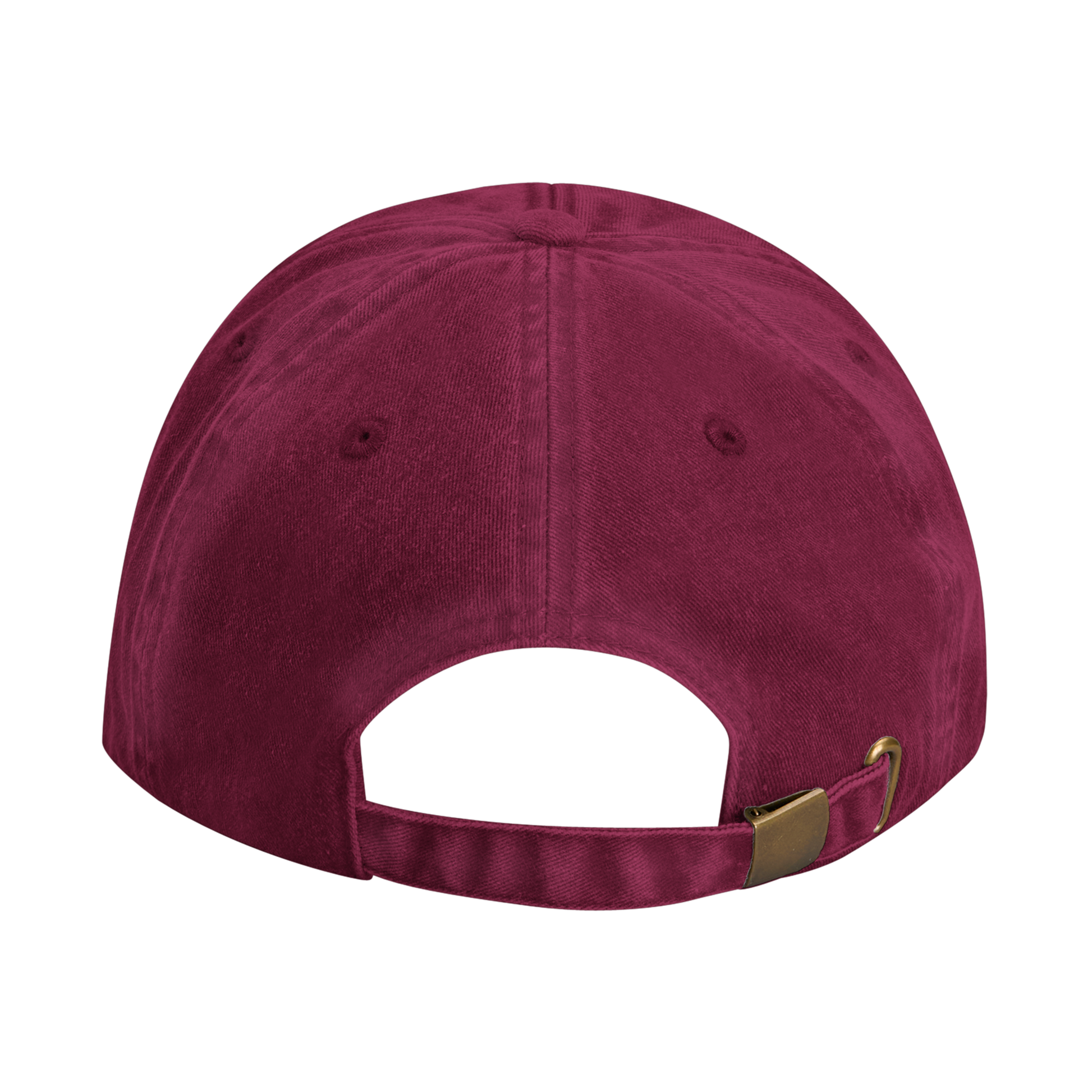 Burgundy-colored vintage cotton cap with adjustable strap and brass-effect buckle, designed with stitched ventilation eyelets.