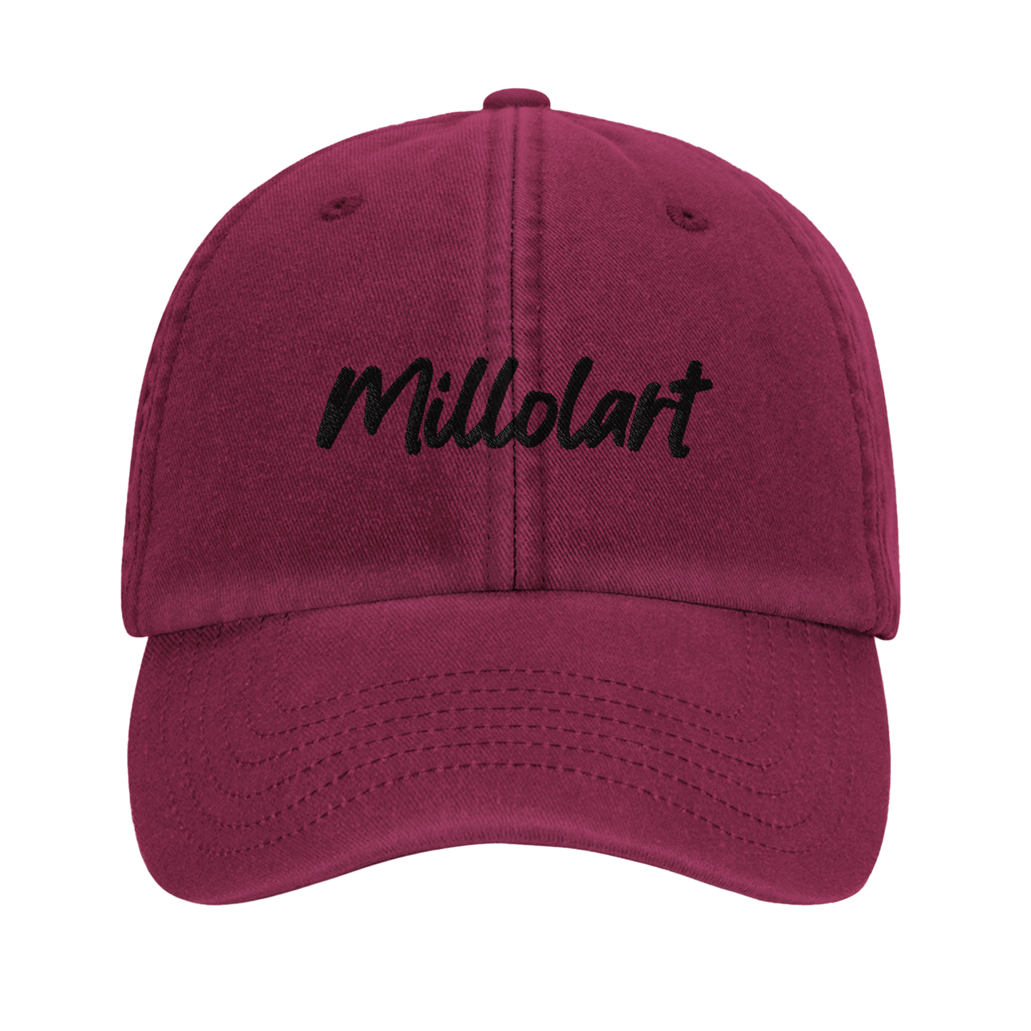 Vintage cotton cap in burgundy with black embroidered “Millolart” logo and a classic pre-curved brim.