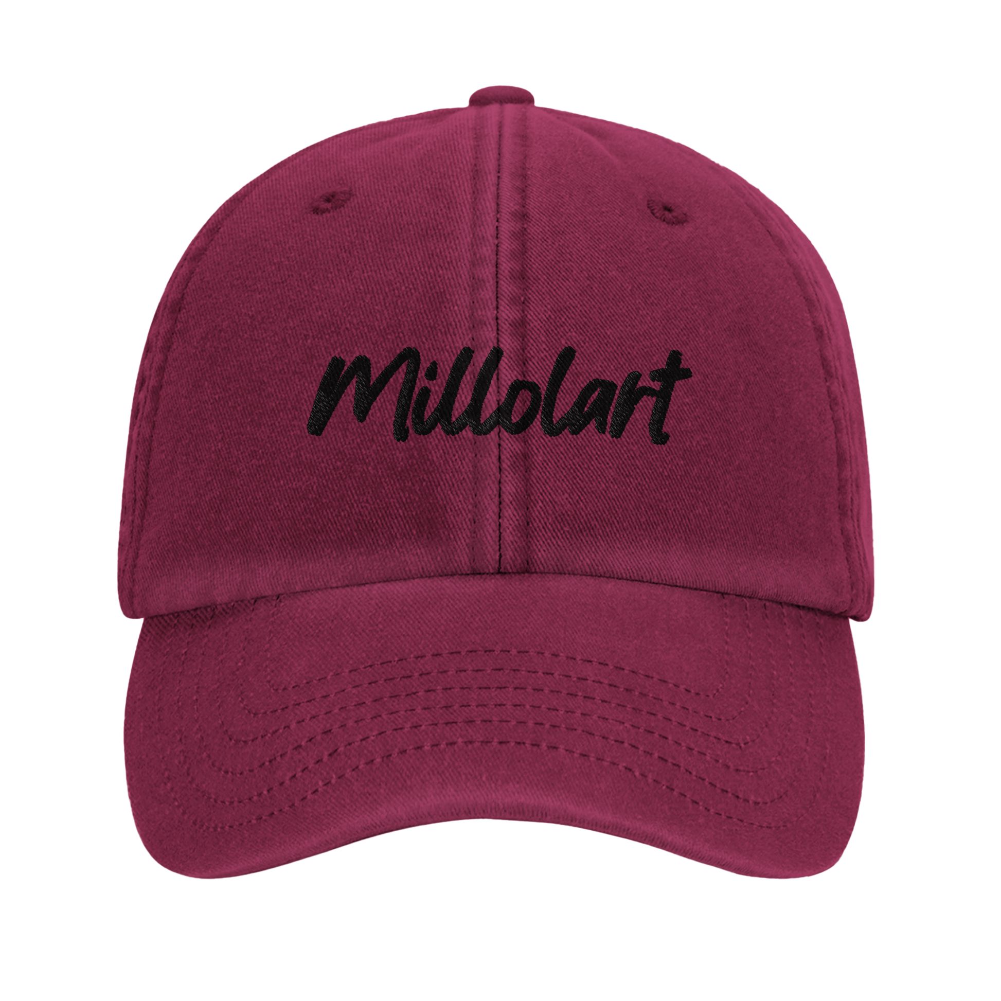 Vintage cotton cap in burgundy with black embroidered “Millolart” logo and a classic pre-curved brim.