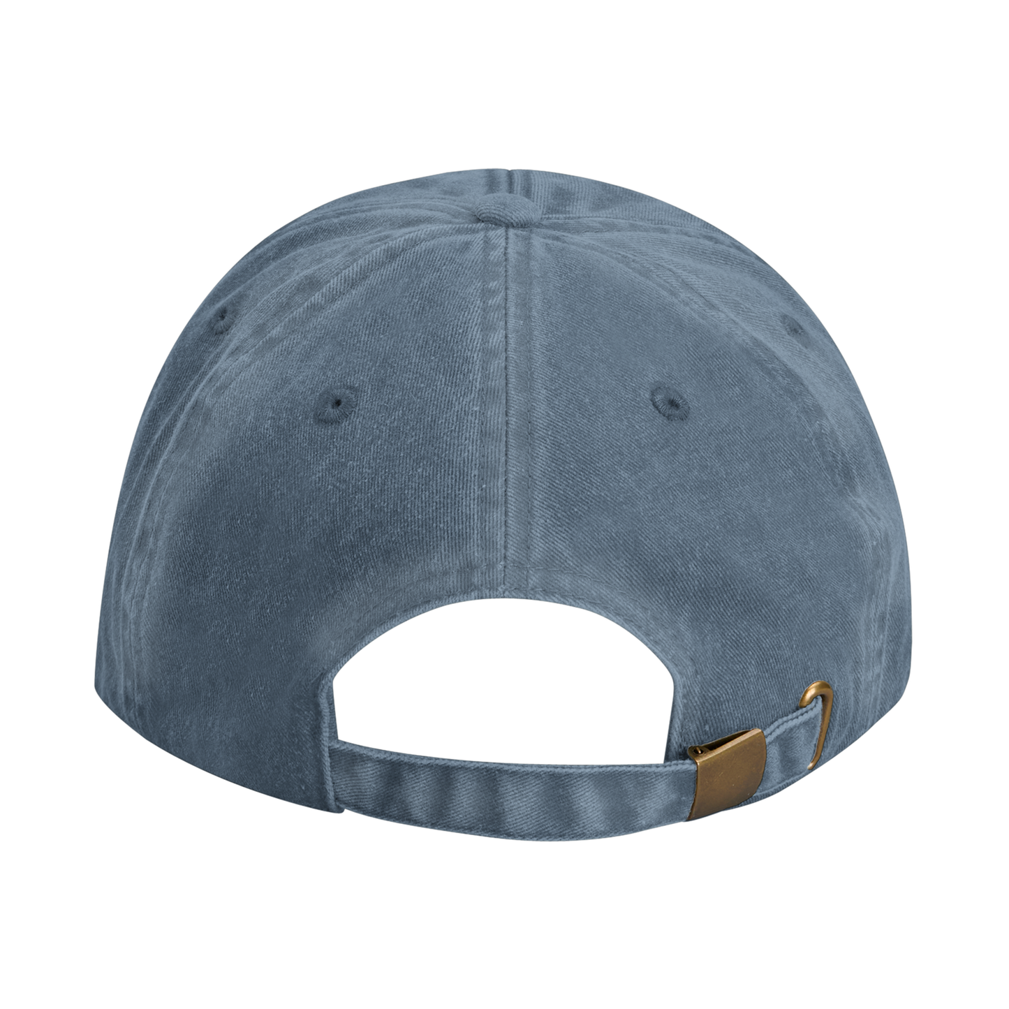 Denim-colored vintage cotton cap with adjustable strap and brass-effect buckle, designed with stitched ventilation eyelets.