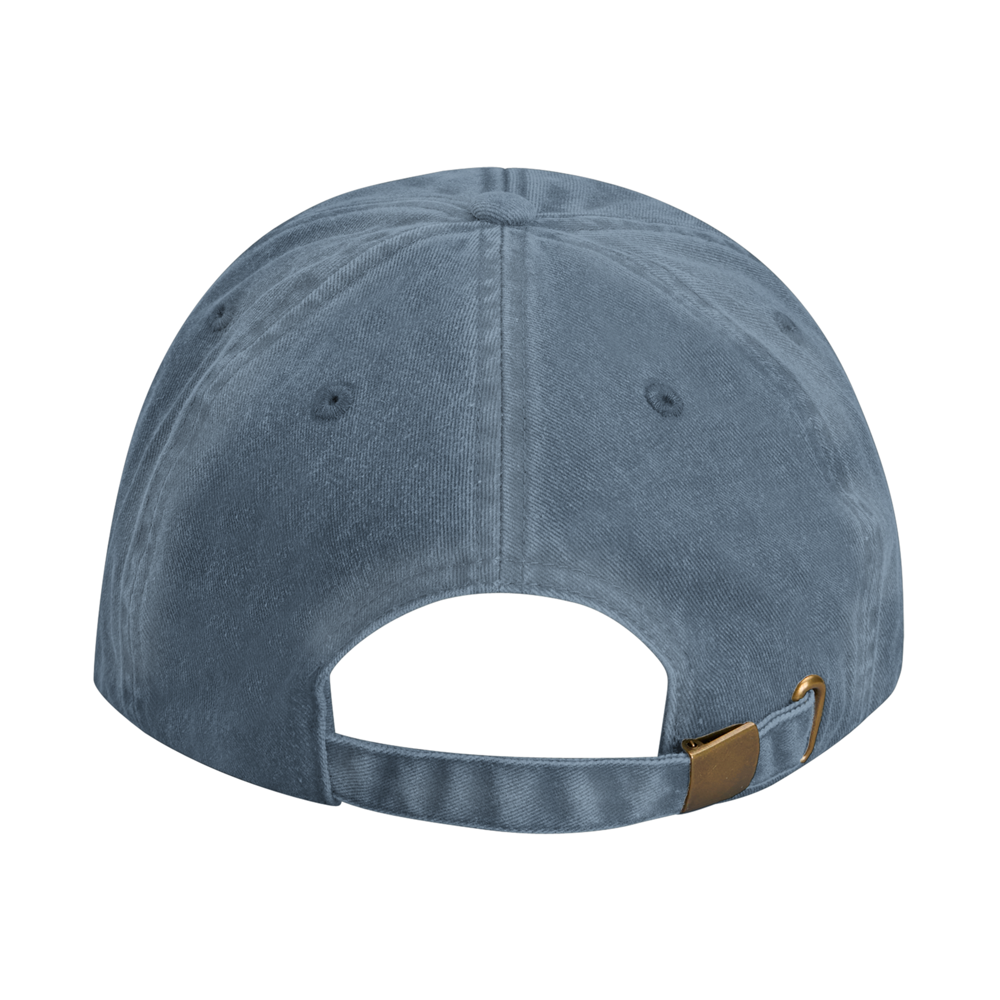 Denim-colored vintage cotton cap with adjustable strap and brass-effect buckle, designed with stitched ventilation eyelets.