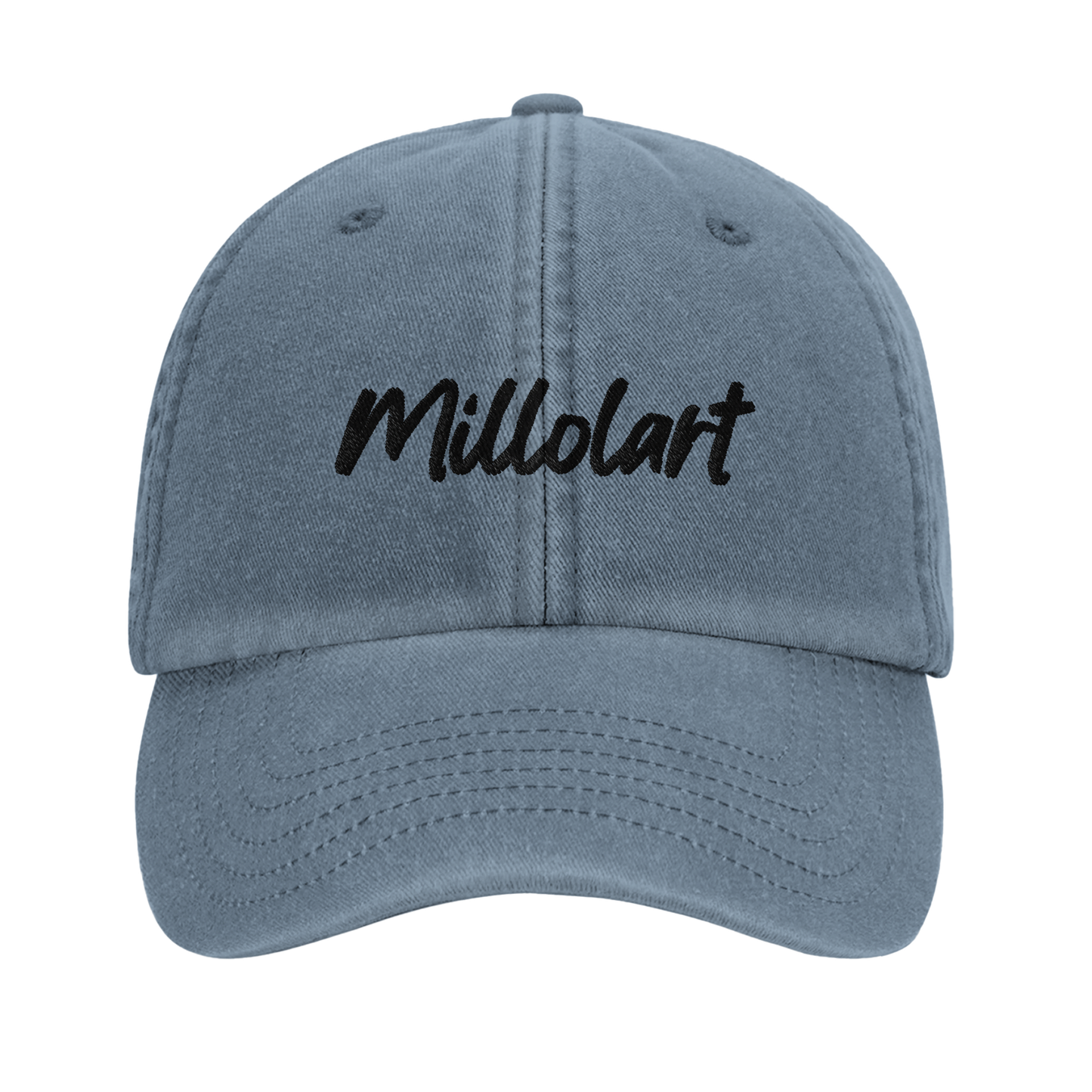 Vintage cotton cap in denim blue with black embroidered “Millolart” logo and a relaxed, unstructured crown.