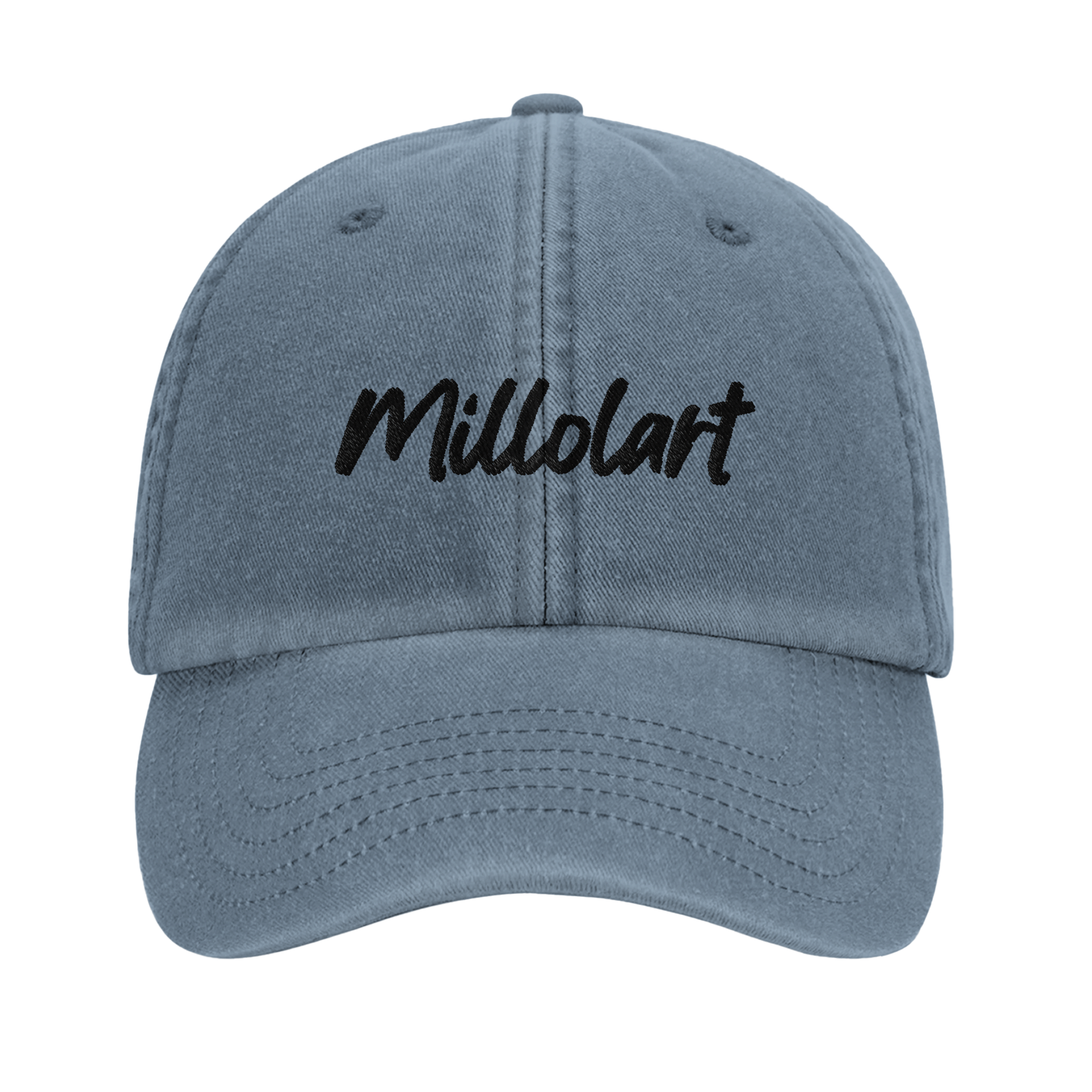 Vintage cotton cap in denim blue with black embroidered “Millolart” logo and a relaxed, unstructured crown.