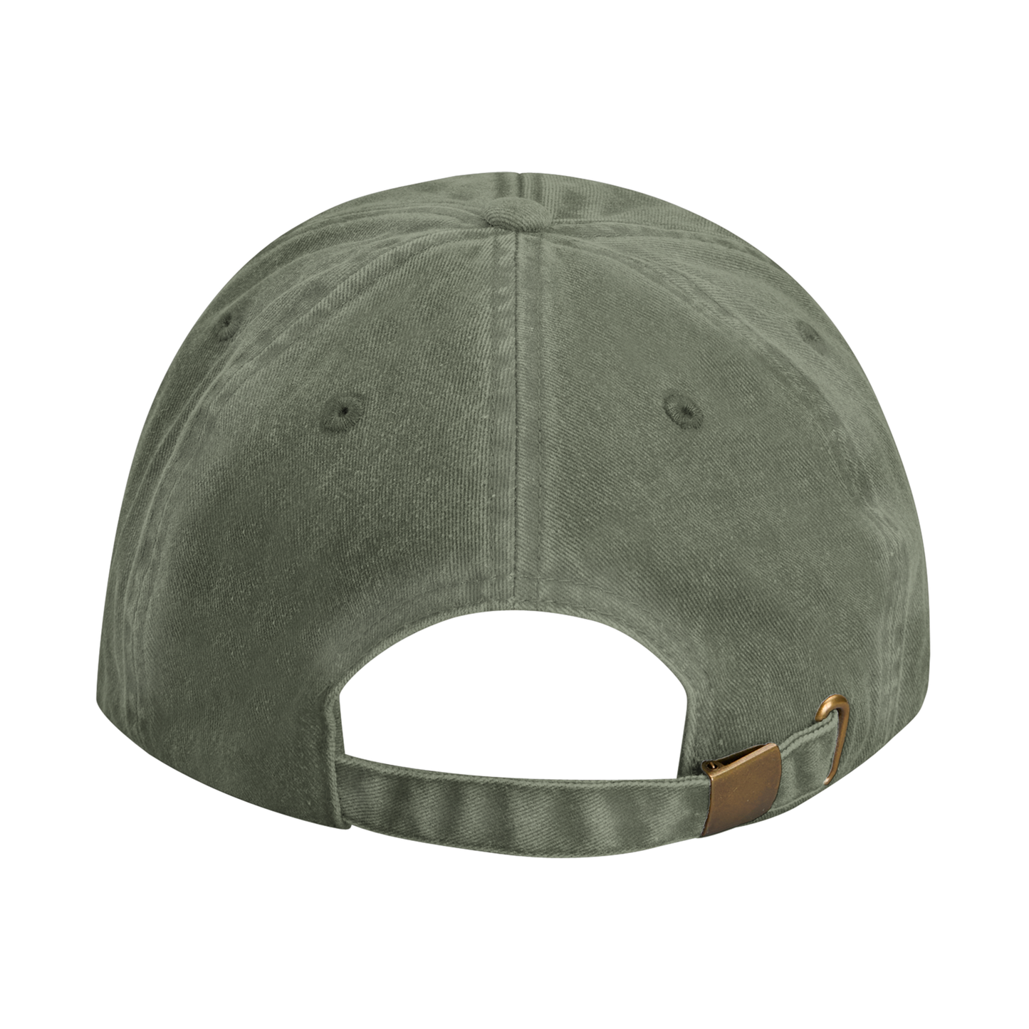Olive-colored vintage cotton cap with adjustable strap and brass-effect buckle, designed with stitched ventilation eyelets.