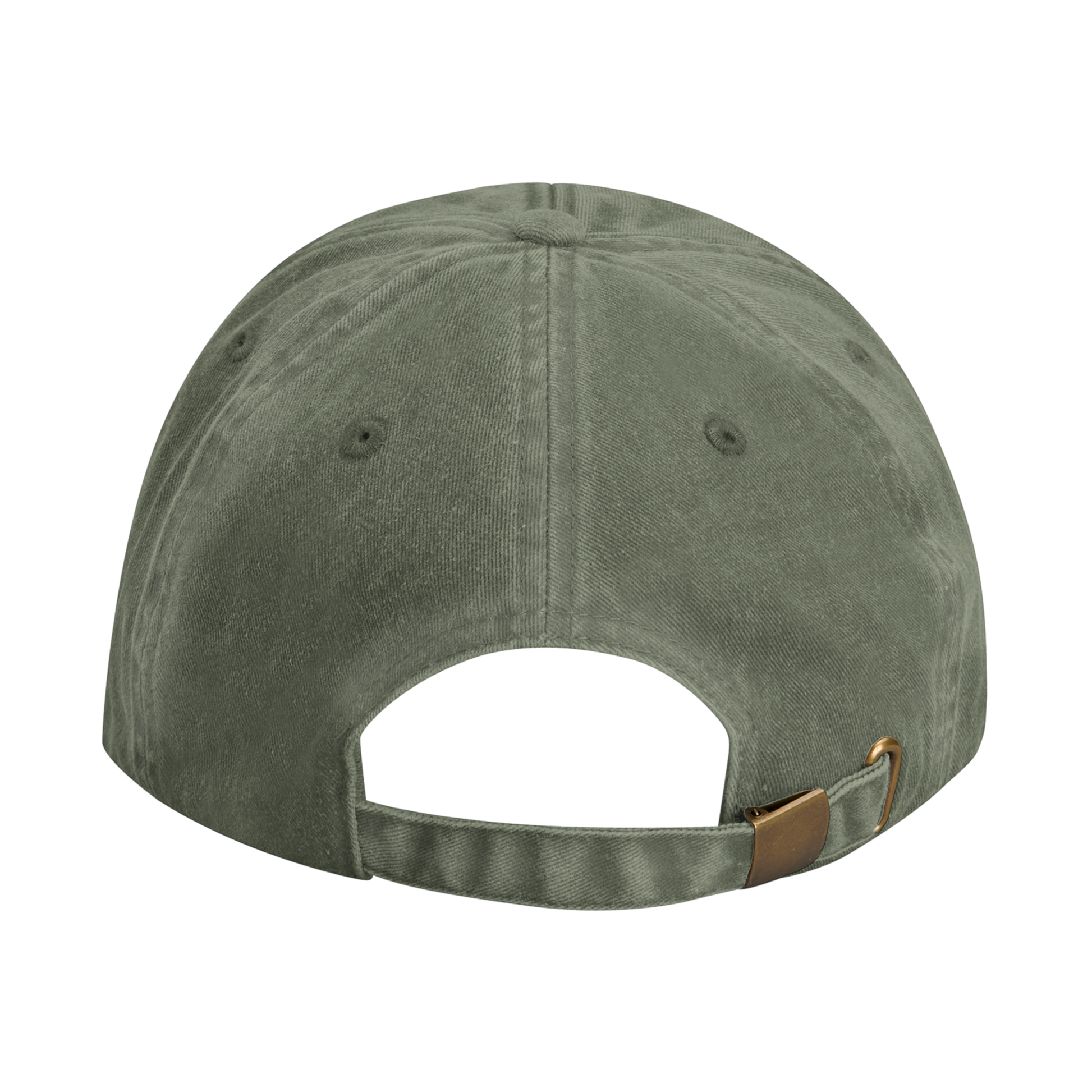 Olive-colored vintage cotton cap with adjustable strap and brass-effect buckle, designed with stitched ventilation eyelets.