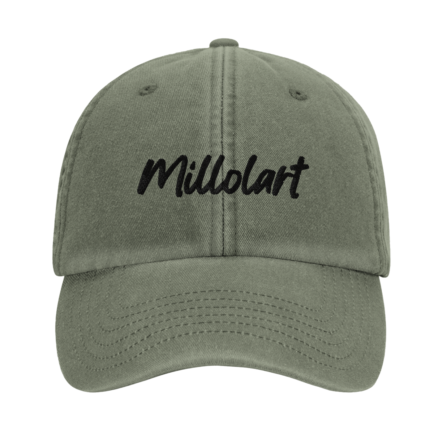 Vintage cotton cap in olive green with black embroidered “Millolart” logo, low profile and pre-curved brim.