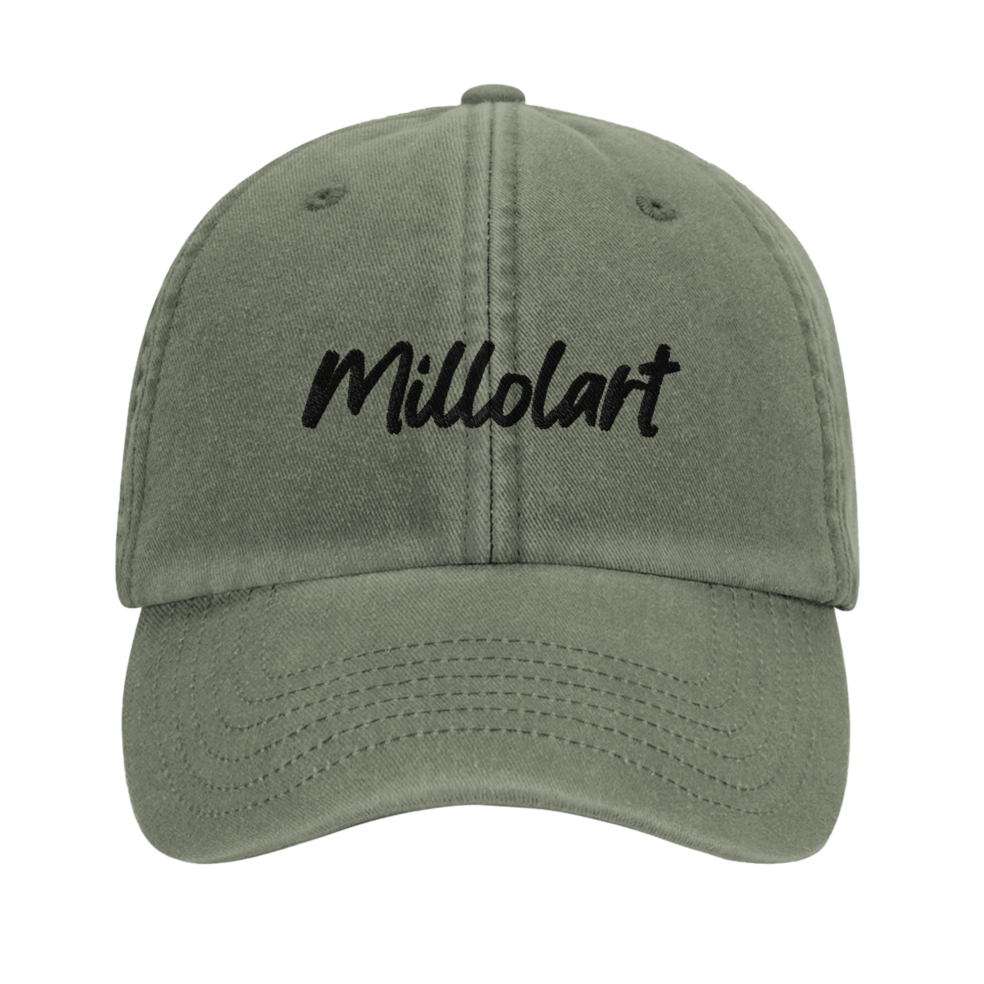 Vintage cotton cap in olive green with black embroidered “Millolart” logo, low profile and pre-curved brim.