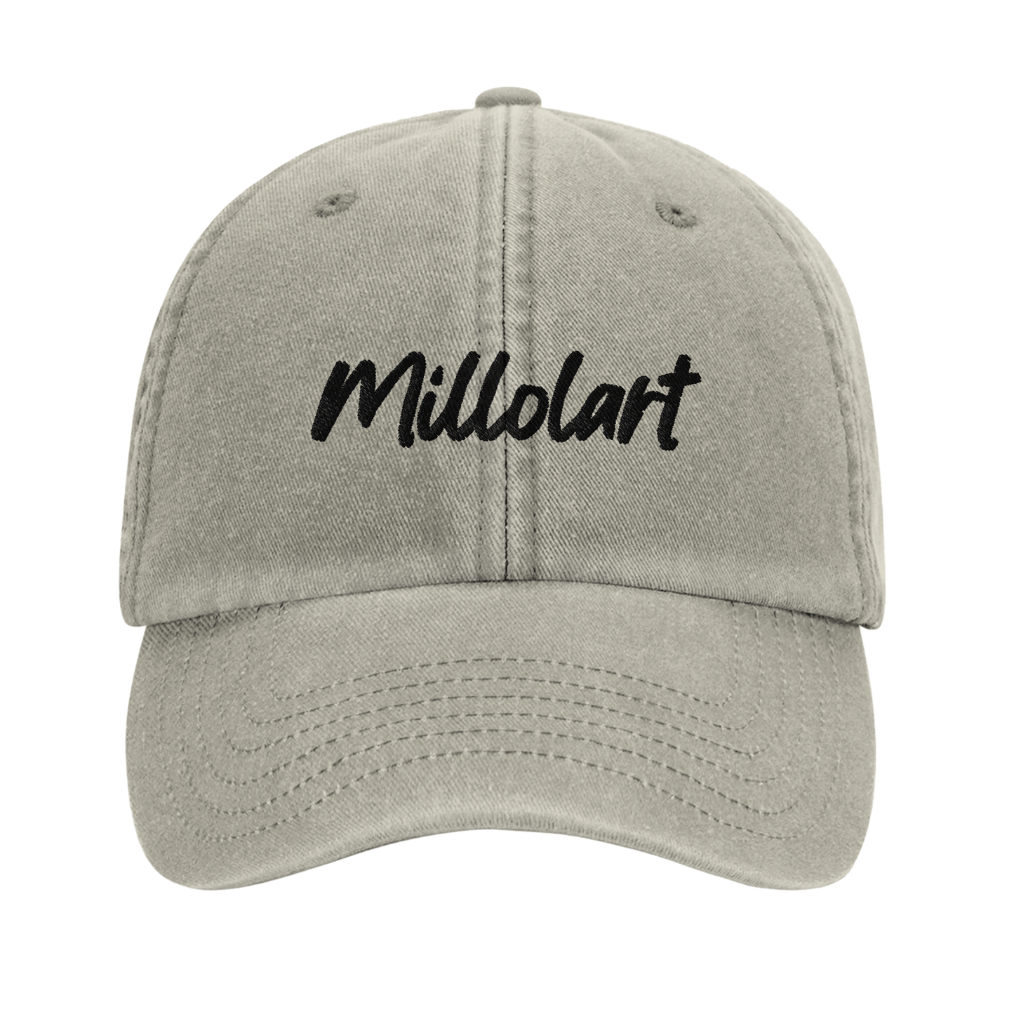 Sand-colored vintage cotton cap with black embroidered “Millolart” logo on the front.