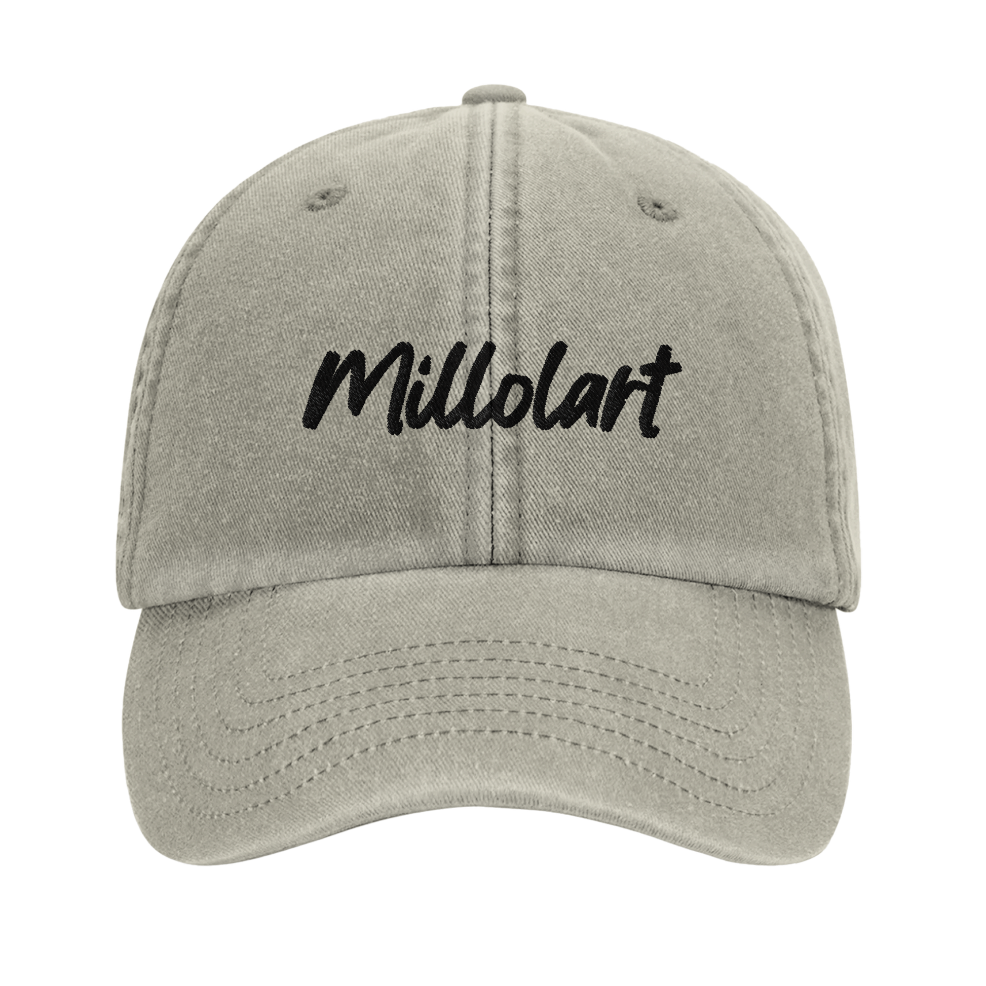 Sand-colored vintage cotton cap with black embroidered “Millolart” logo on the front.