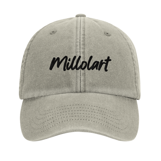 Sand-colored vintage cotton cap with black embroidered “Millolart” logo on the front.