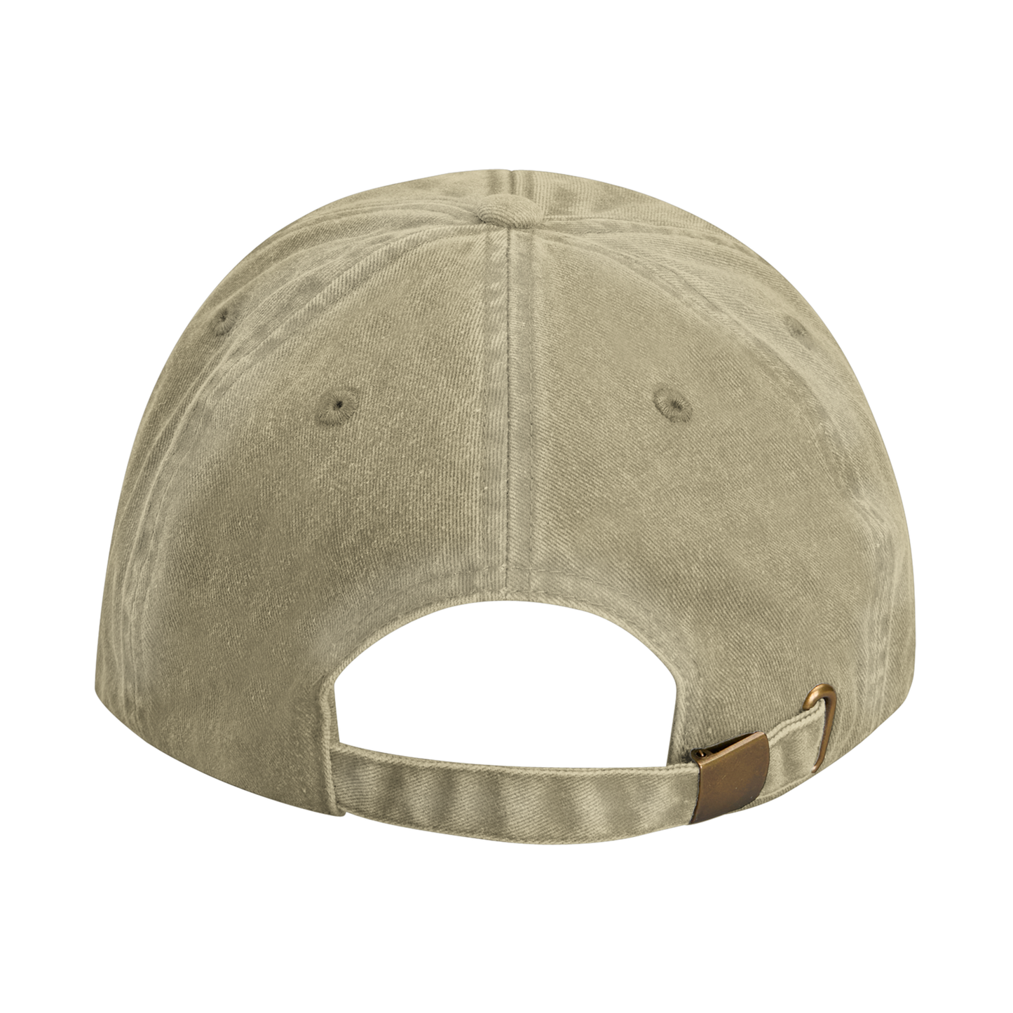Stone-colored vintage cotton cap with adjustable strap and brass-effect buckle, designed with stitched ventilation eyelets.