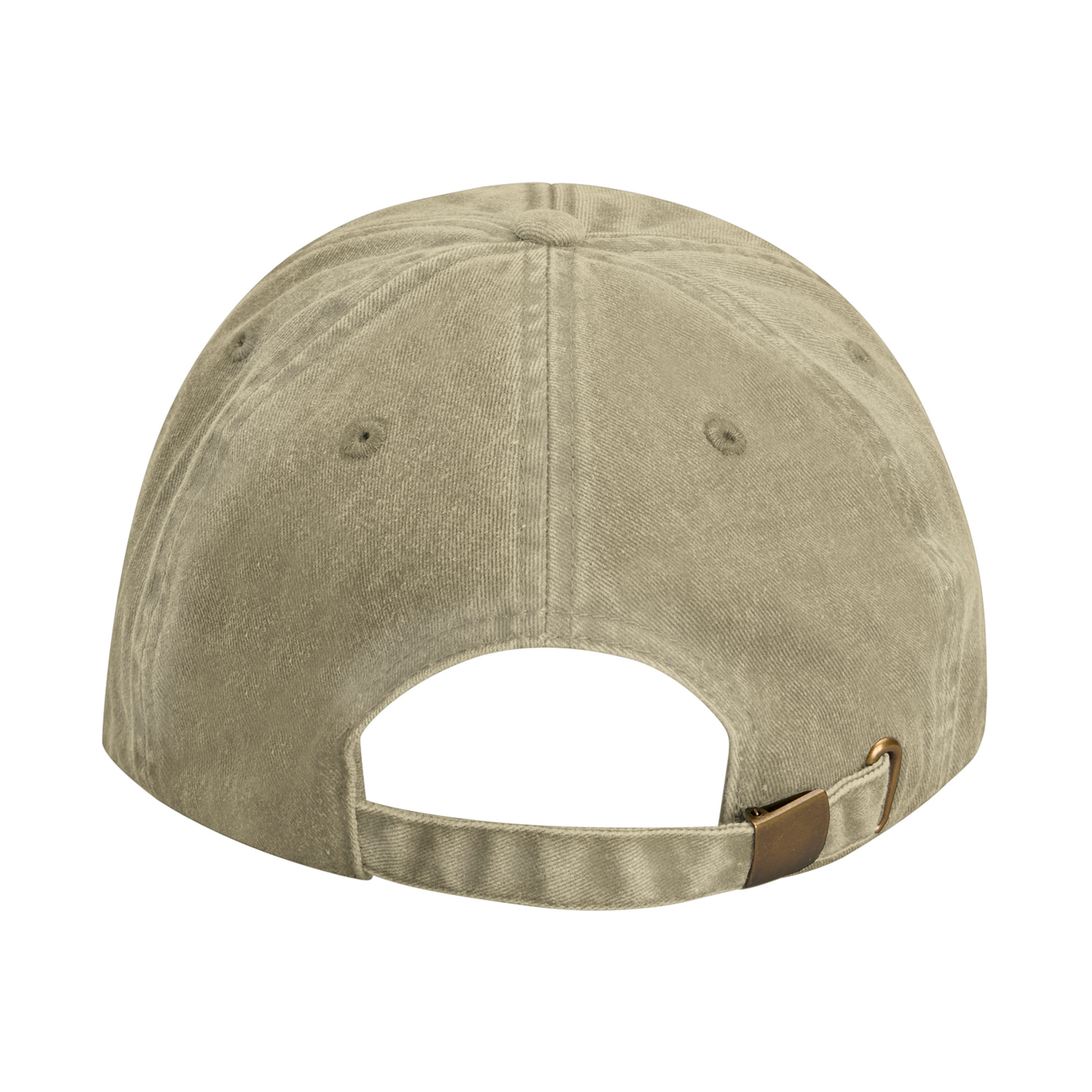 Stone-colored vintage cotton cap with adjustable strap and brass-effect buckle, designed with stitched ventilation eyelets.