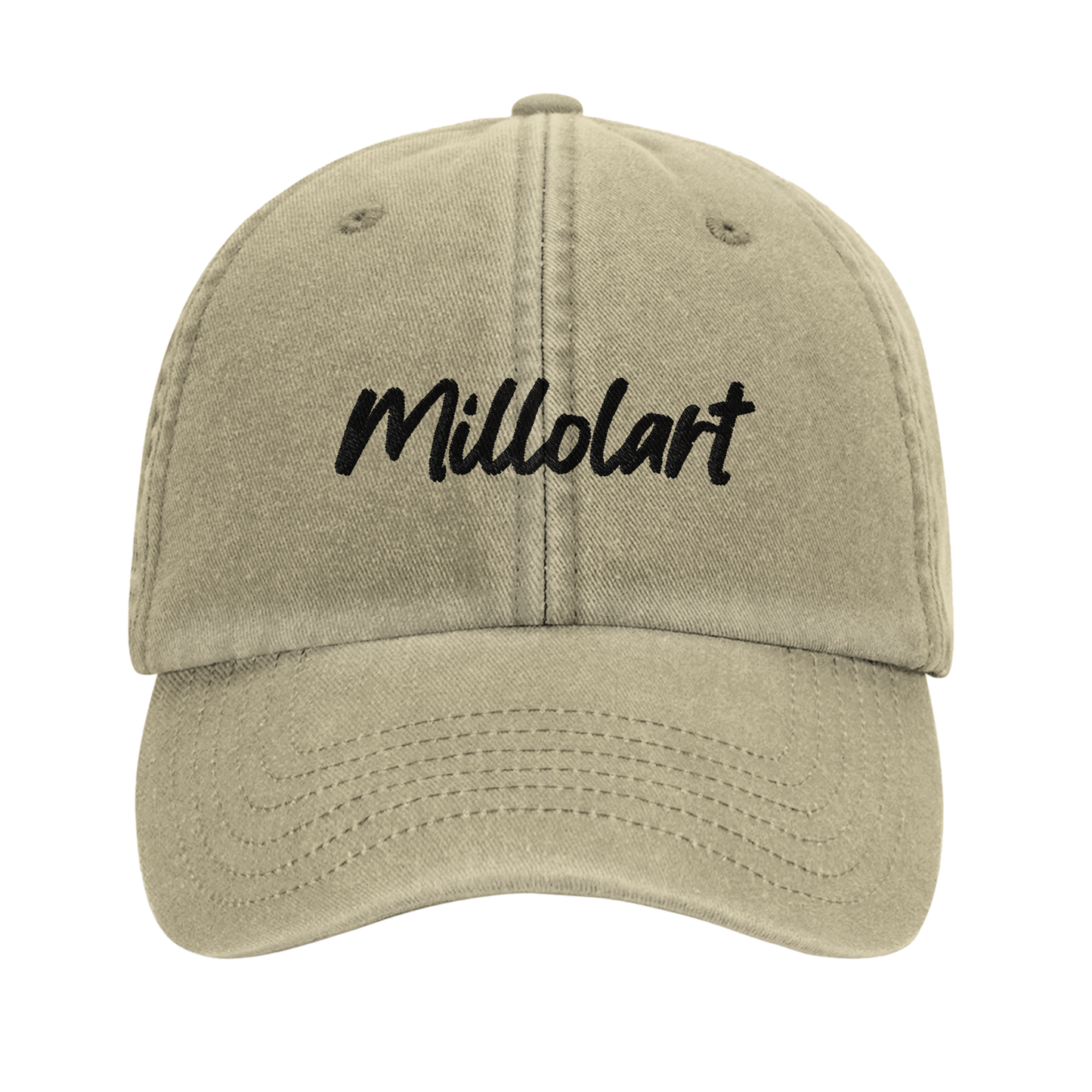 Vintage cotton cap in stone color with black embroidered “Millolart” logo, unstructured crown and pre-curved brim.