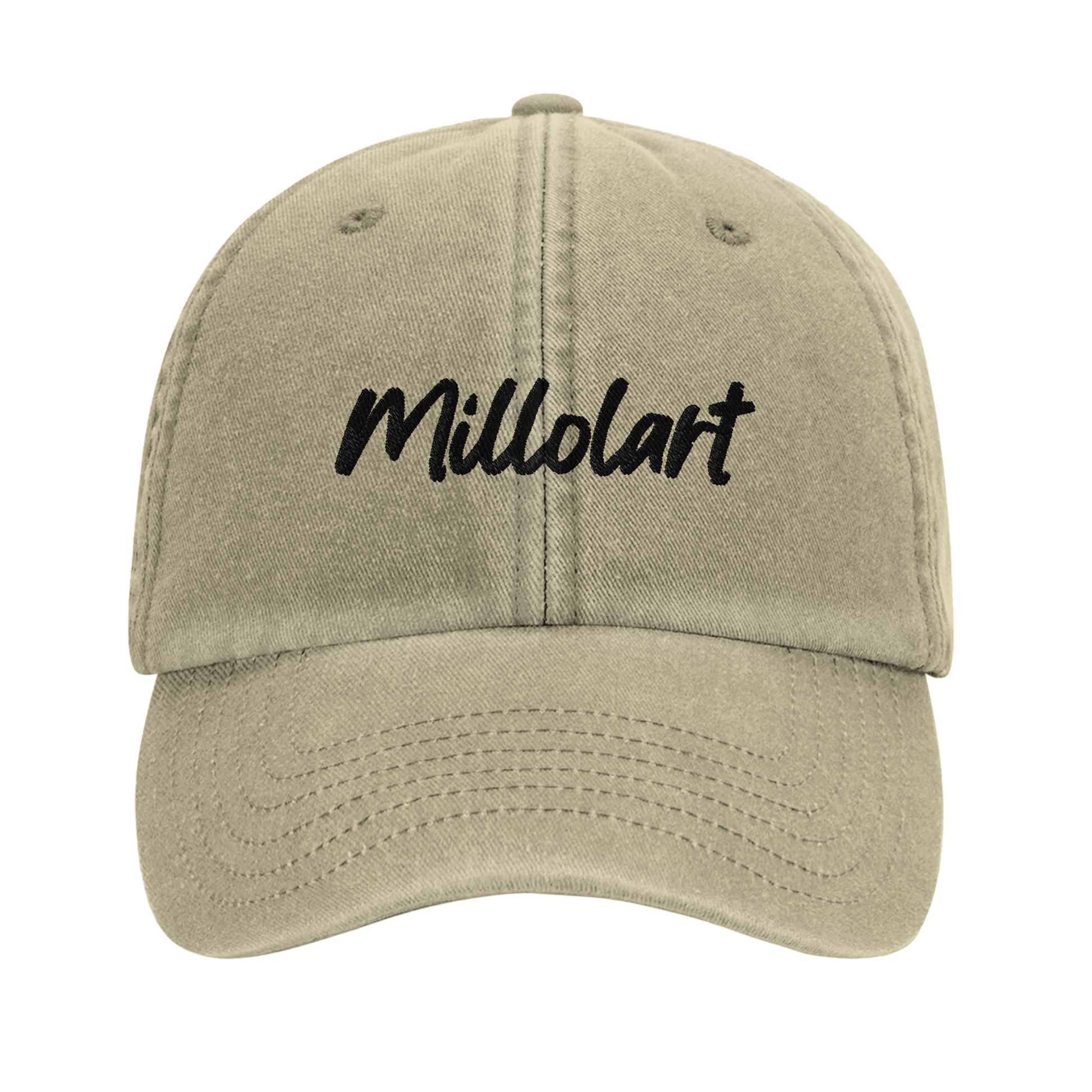 Vintage cotton cap in stone color with black embroidered “Millolart” logo, unstructured crown and pre-curved brim.