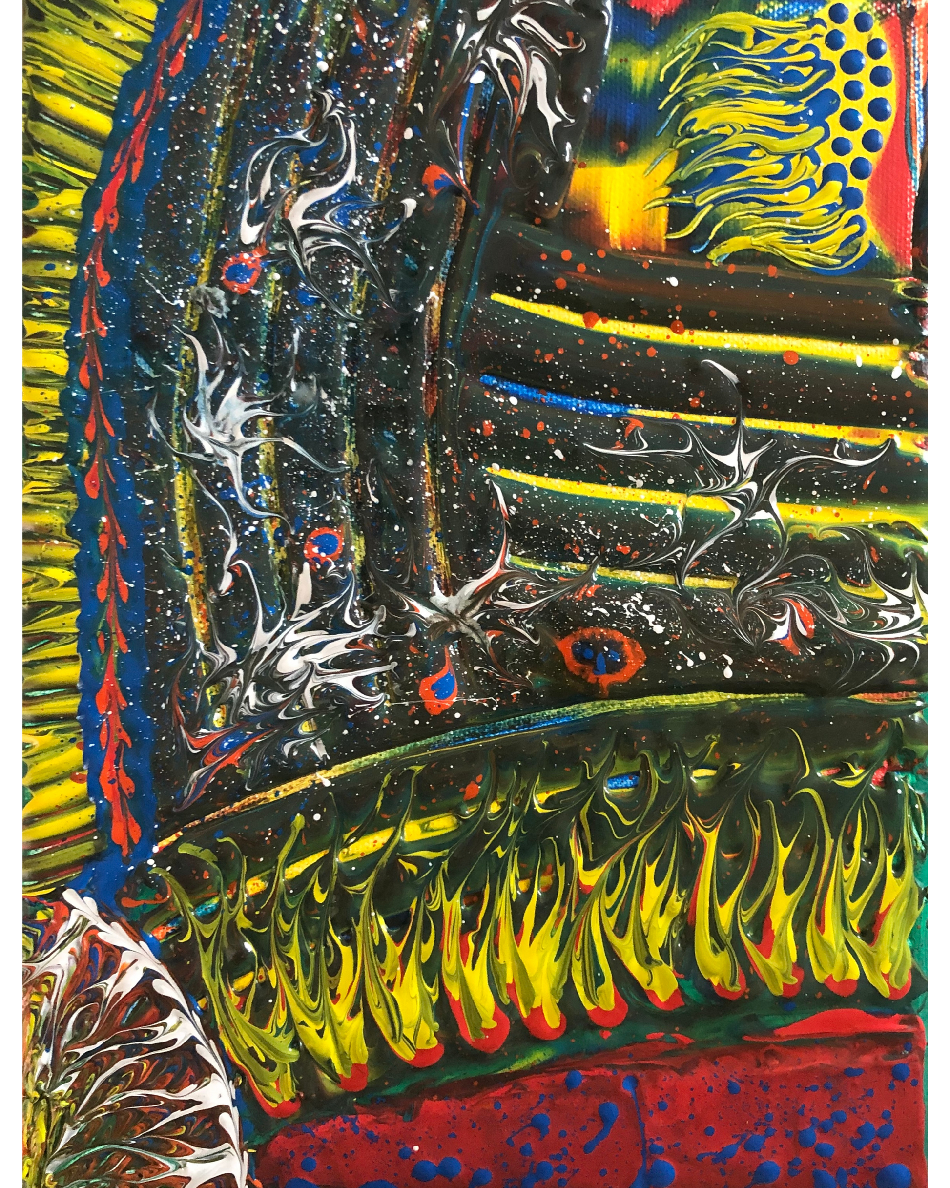 Abstract painting with layered black, green, yellow, red, and blue sections, featuring textured brushstrokes, dotted patterns, and swirling white details that create a dense, dynamic, and highly structured composition.