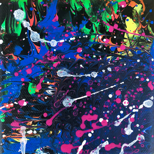 Abstract painting with a dark blue and black background filled with swirling textures, bright green, pink, and orange accents, and scattered white splashes and drips, creating a vibrant, energetic, and layered composition.