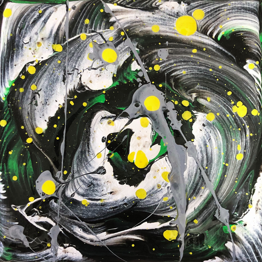Abstract painting with swirling black, white, and green brushstrokes forming circular movements across the surface, accented by bright yellow splashes and thin grey drips that create a dynamic, layered composition.