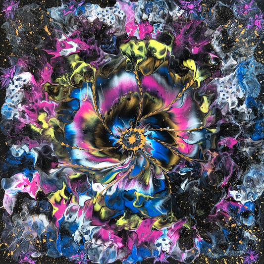 Abstract painting with a vivid, flower-like spiral at the center, composed of neon pink, electric blue, yellow, and black tones. Radiating petal-shaped forms and fluid textures expand outward against a dark background, creating a luminous, psychedelic sense of motion and depth.
