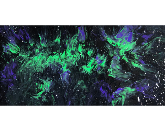 Abstract painting inspired by the northern lights, featuring flowing green and violet forms against a dark, star-like background, evoking auroral movement and cosmic energy.