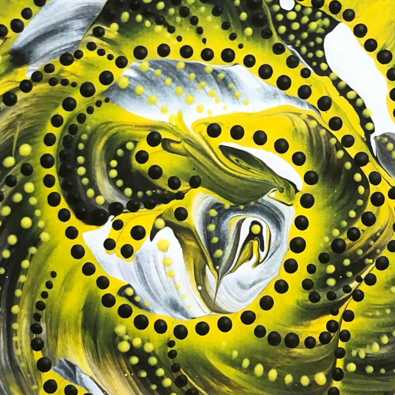 Abstract flower painting with flowing yellow, black, and white forms inspired by natural movement.